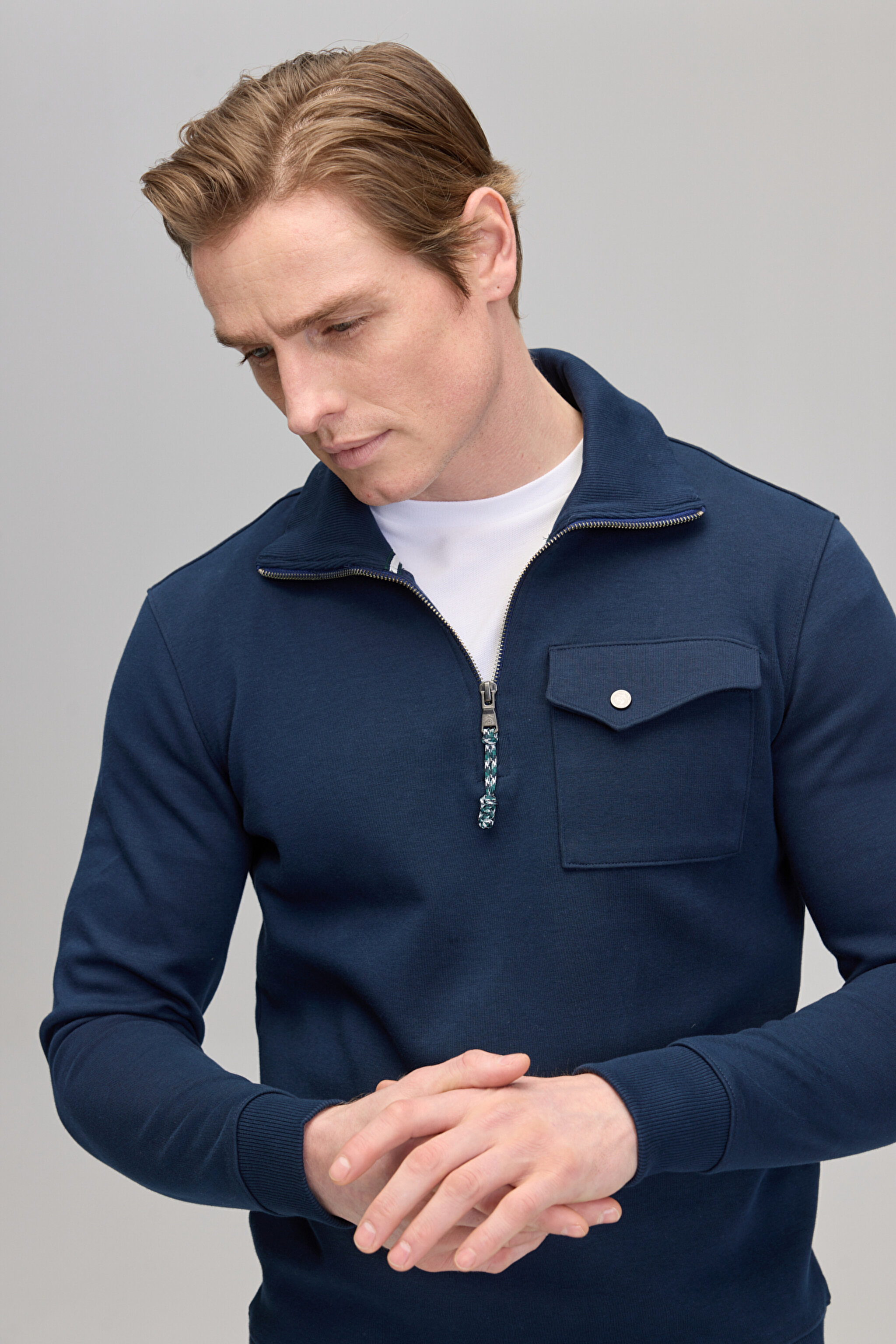 Fermuarlı Yaka Pamuklu Cepli Erkek Sweatshirt - Lacivert (görsel 2)