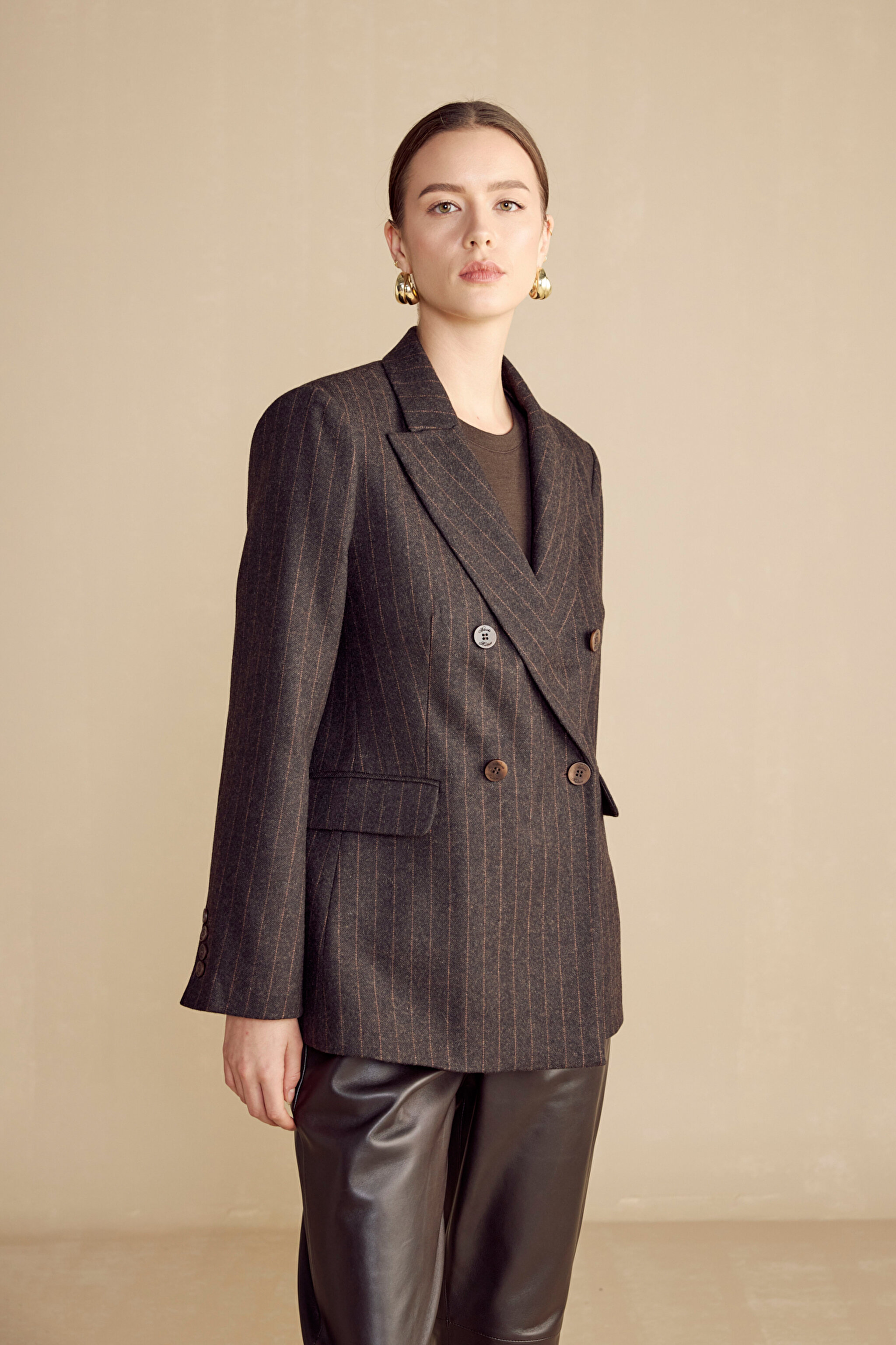 Kruvaze Çizgili Yün Karışımlı Blazer - Kahverengi-Camel