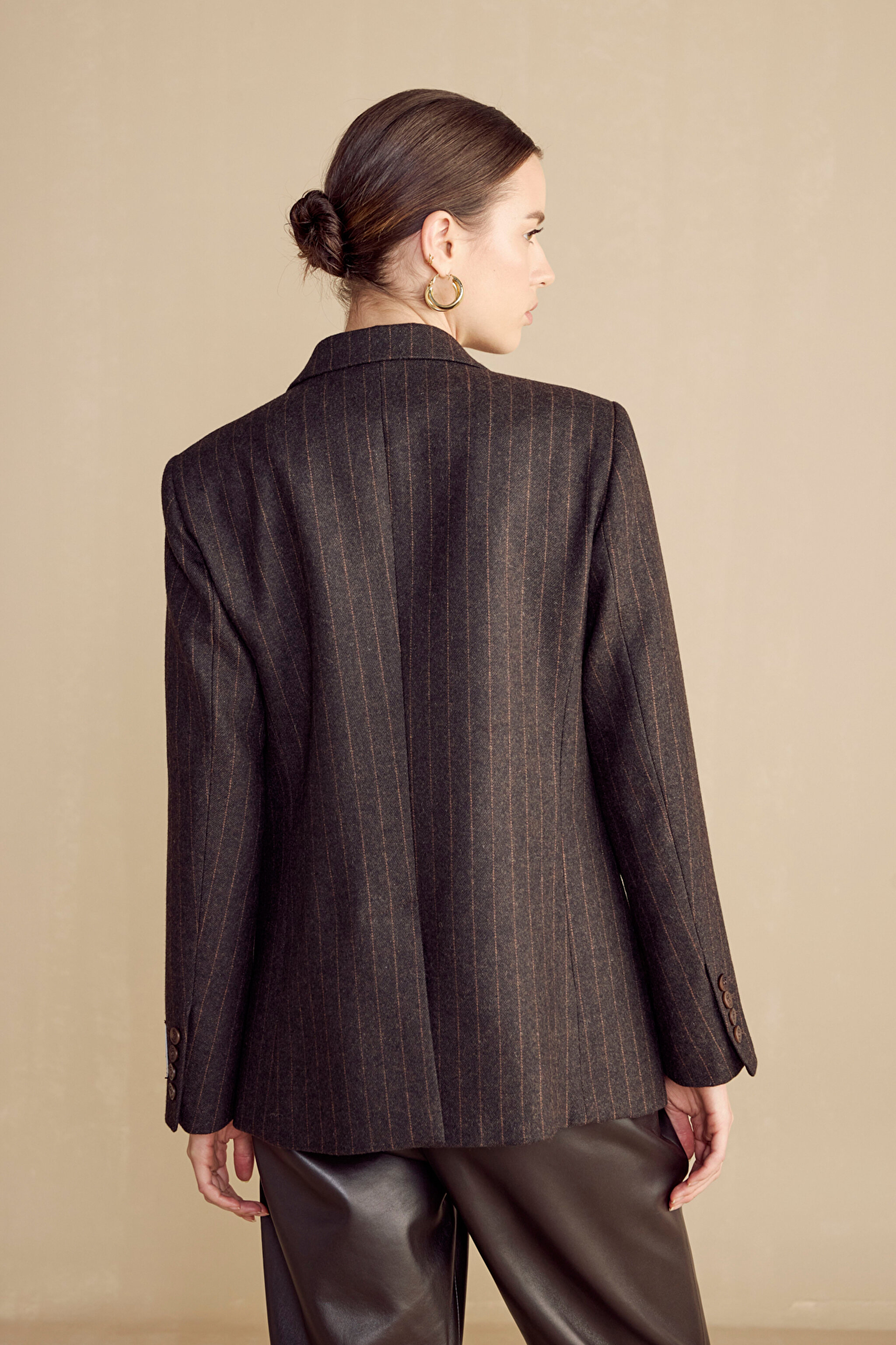 Kruvaze Çizgili Yün Karışımlı Blazer - Kahverengi-Camel (görsel 6)