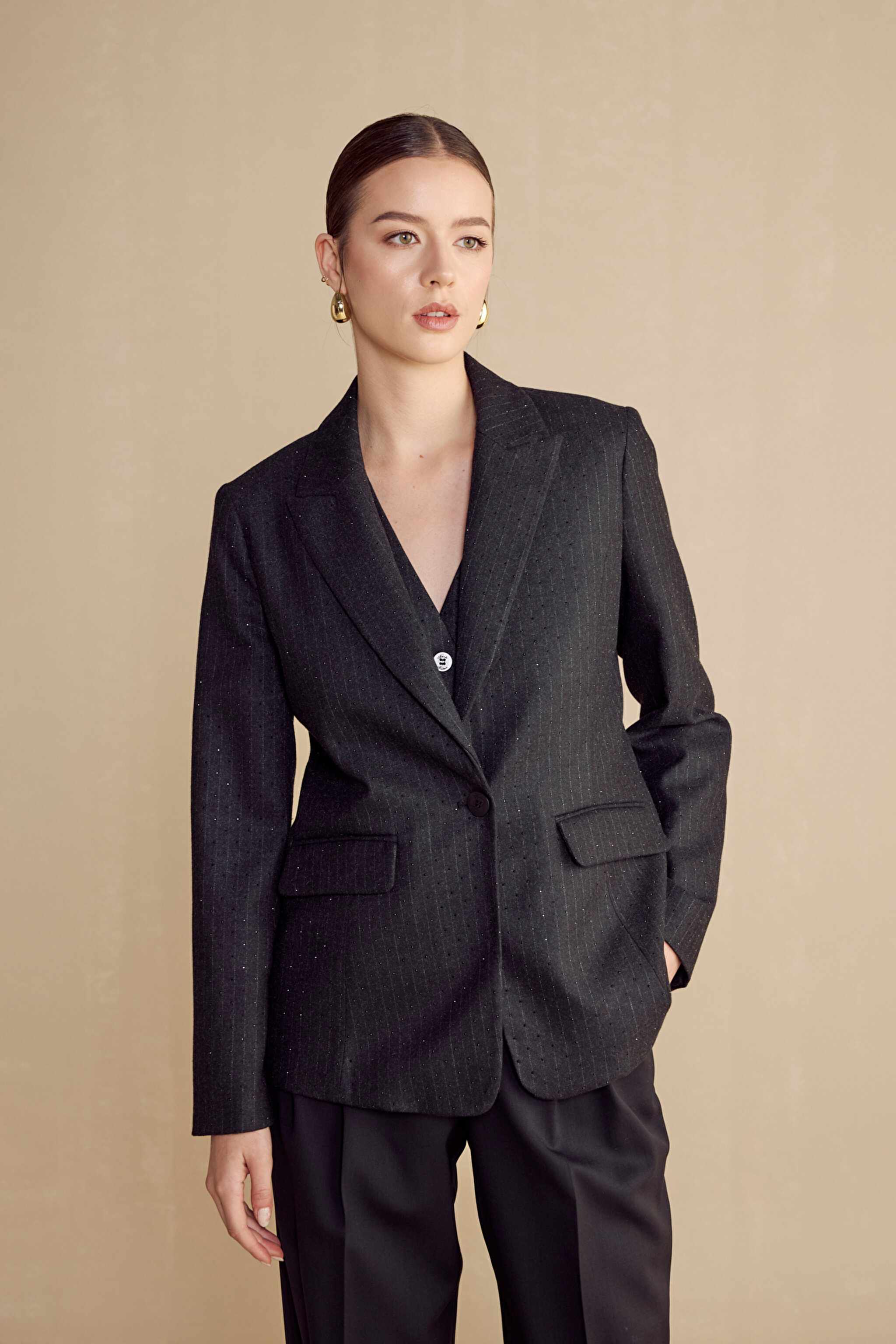 Mono Kapama Çizgili Taşlı Blazer - Siyah (görsel 4)