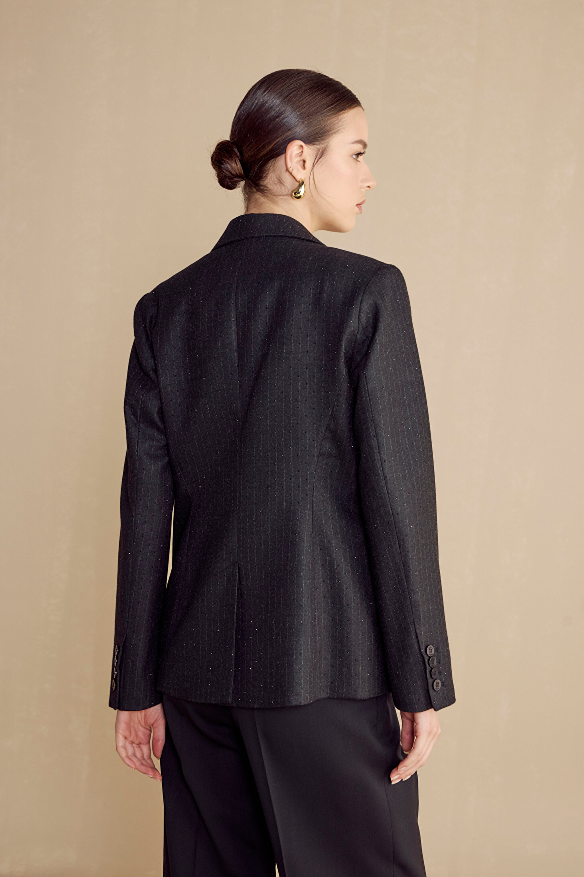 Mono Kapama Çizgili Taşlı Blazer - Siyah (görsel 5)