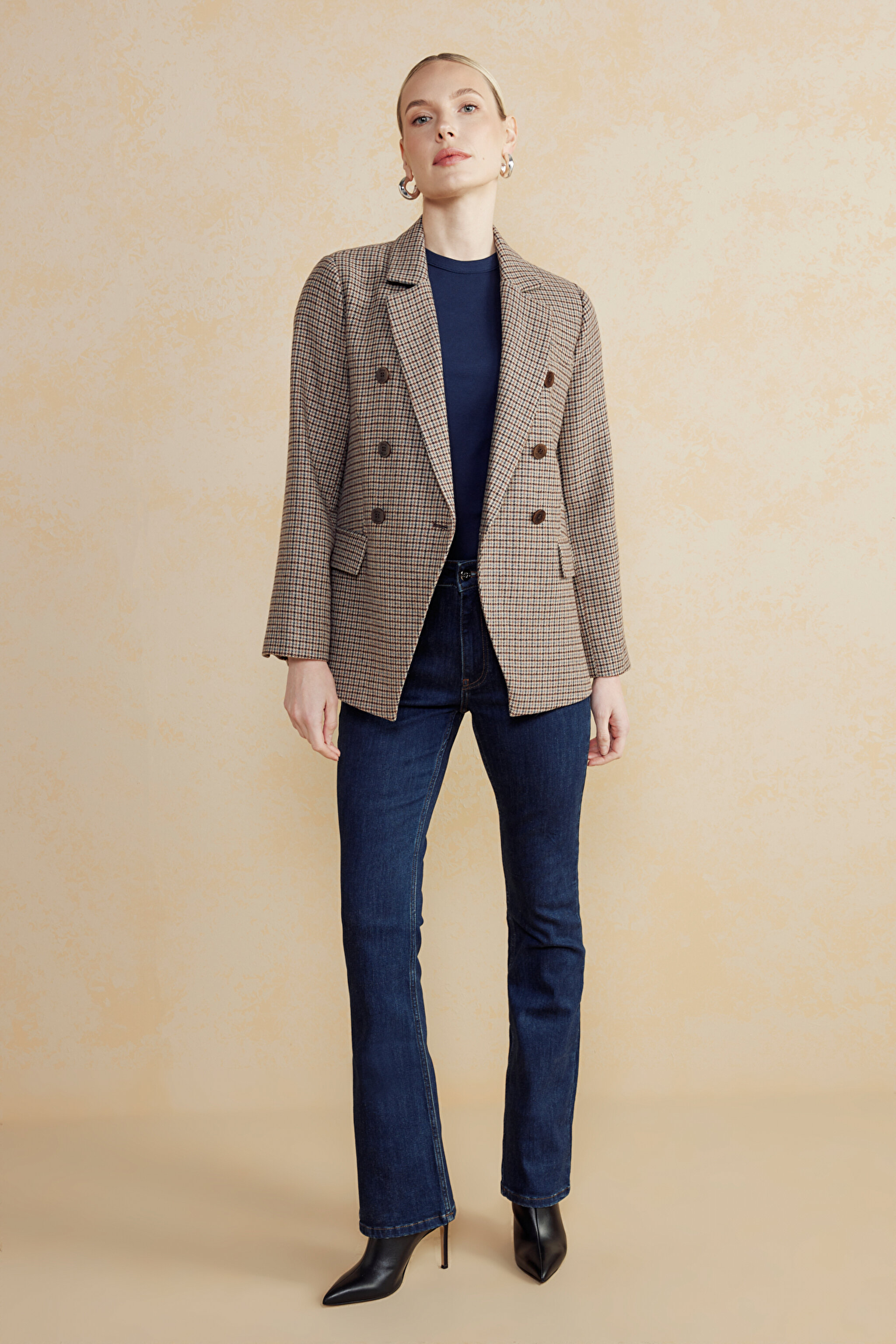 Kontrast Yaka Kazayağı Desen Yün Blazer - Kahverengi-Bej (görsel 3)