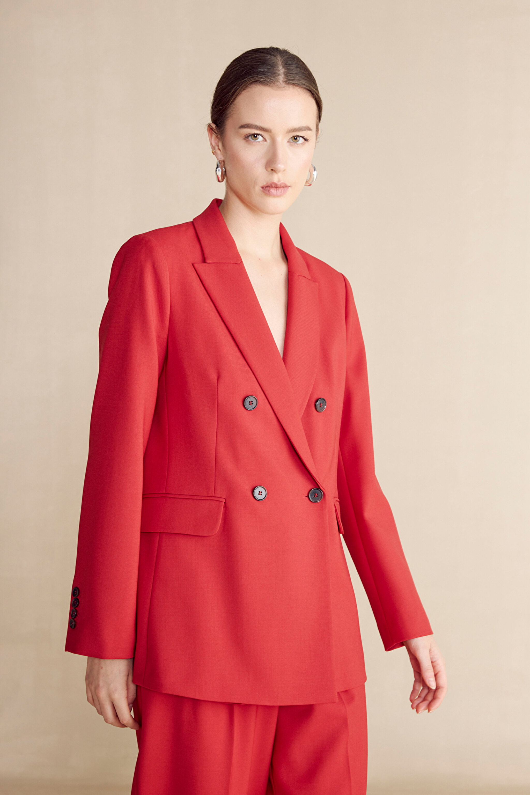 Kruvaze Kırlangıç Yaka Yün Karışımlı Blazer - Kırmızı