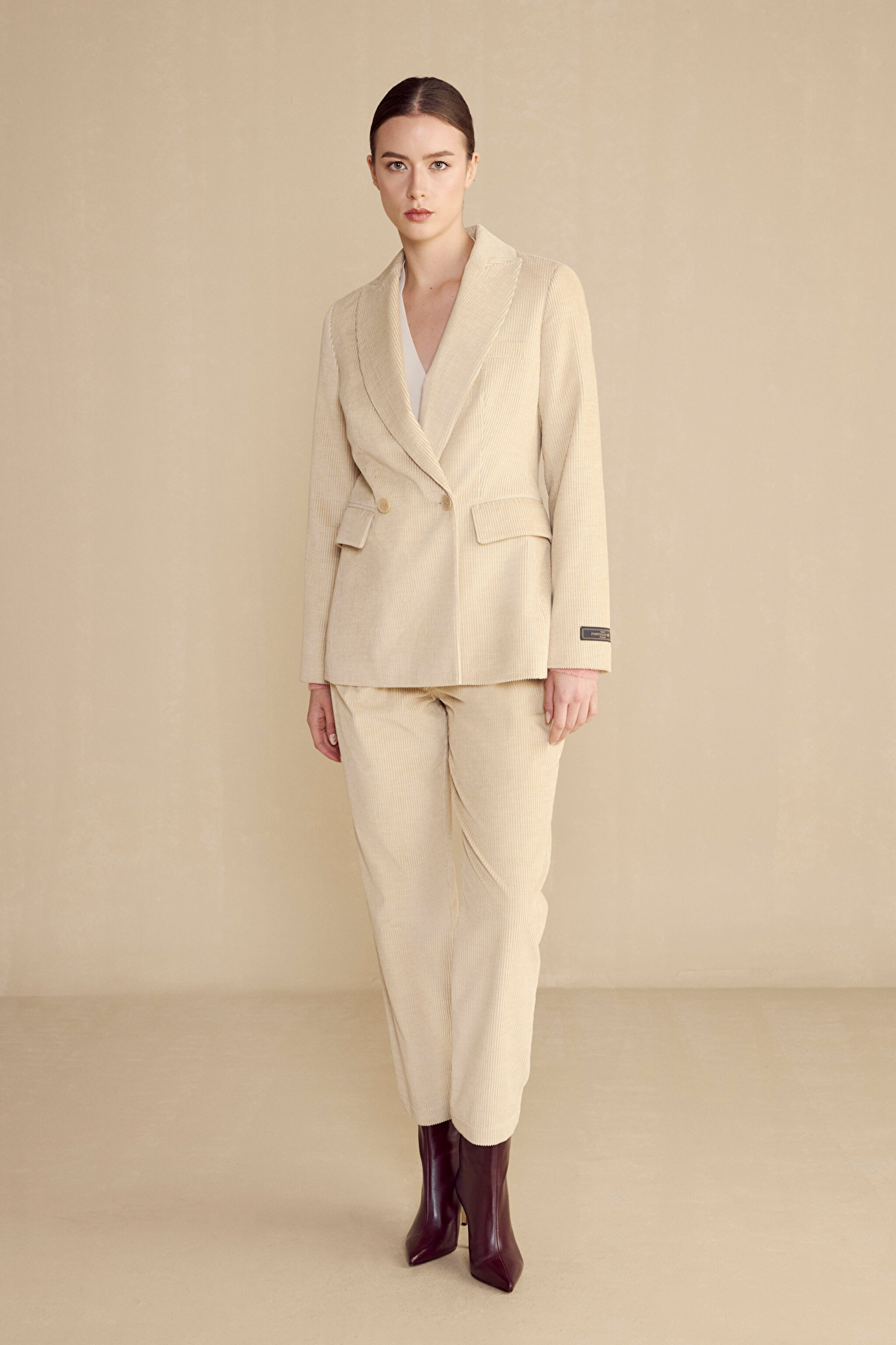 %100 Pamuk Mono Kapama Fitilli Kadife Blazer - Bej