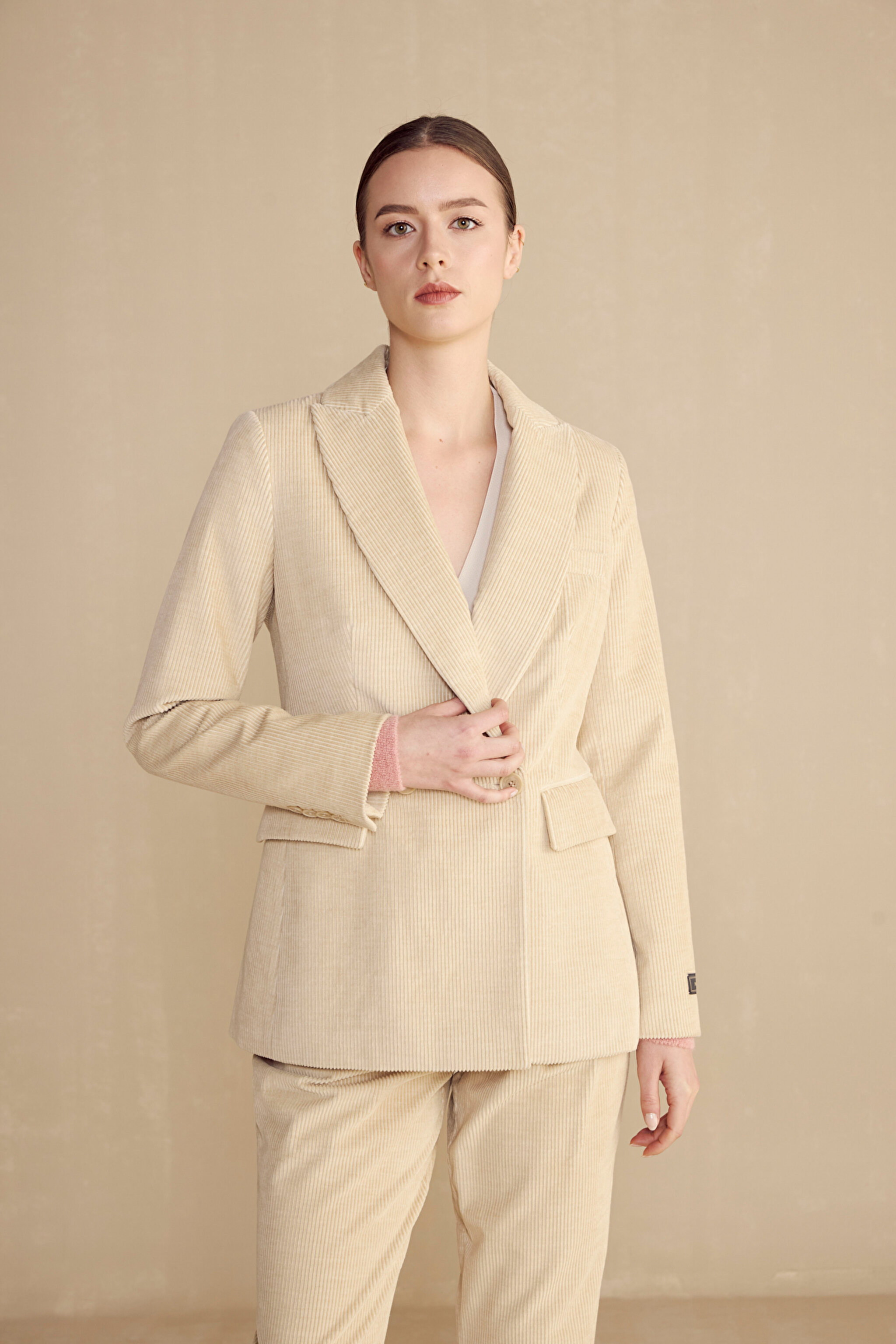 %100 Pamuk Mono Kapama Fitilli Kadife Blazer - Bej (görsel 4)