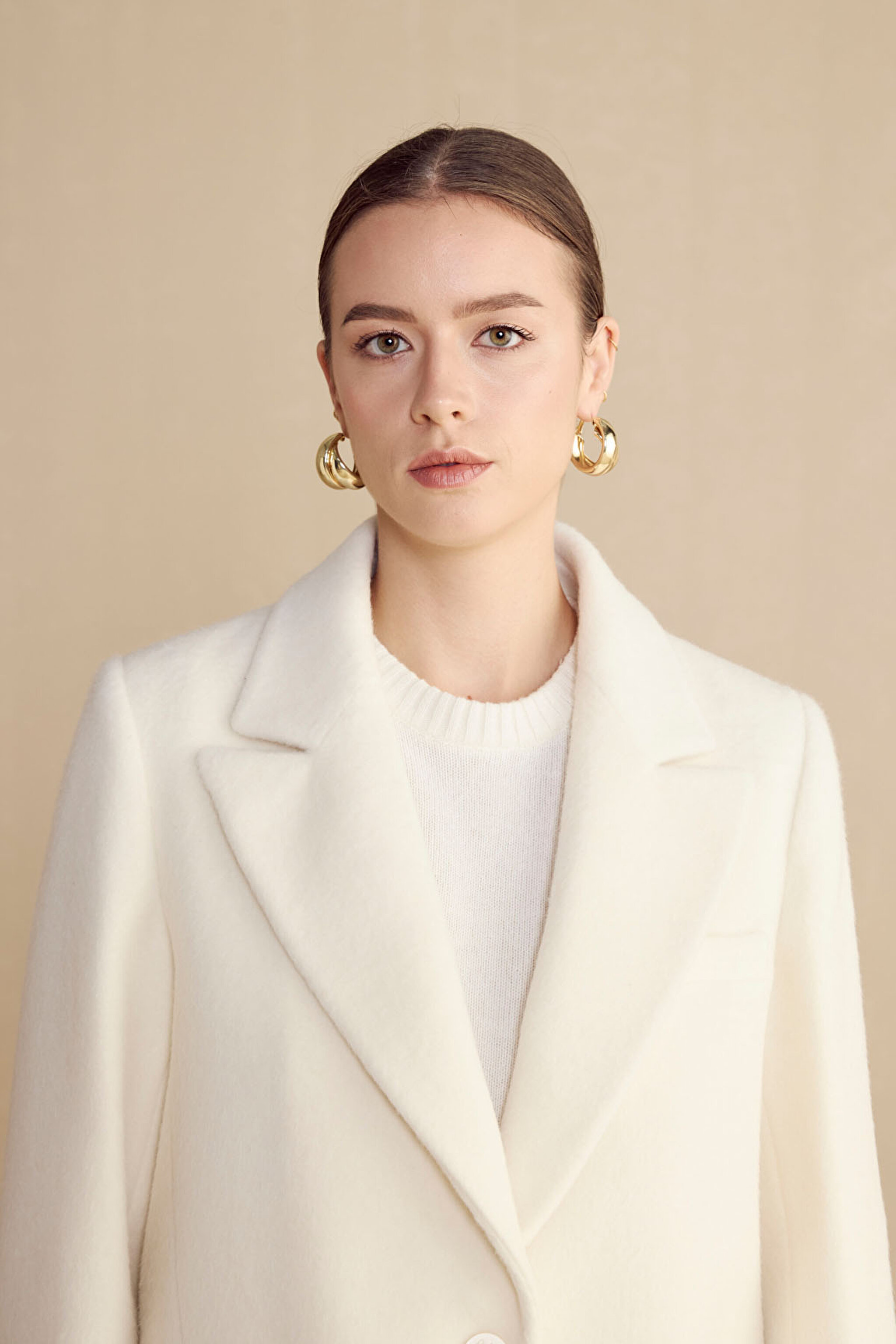 Sivri Yaka Oversize Yün Karışım Kadın Blazer - Ekru (görsel 4)