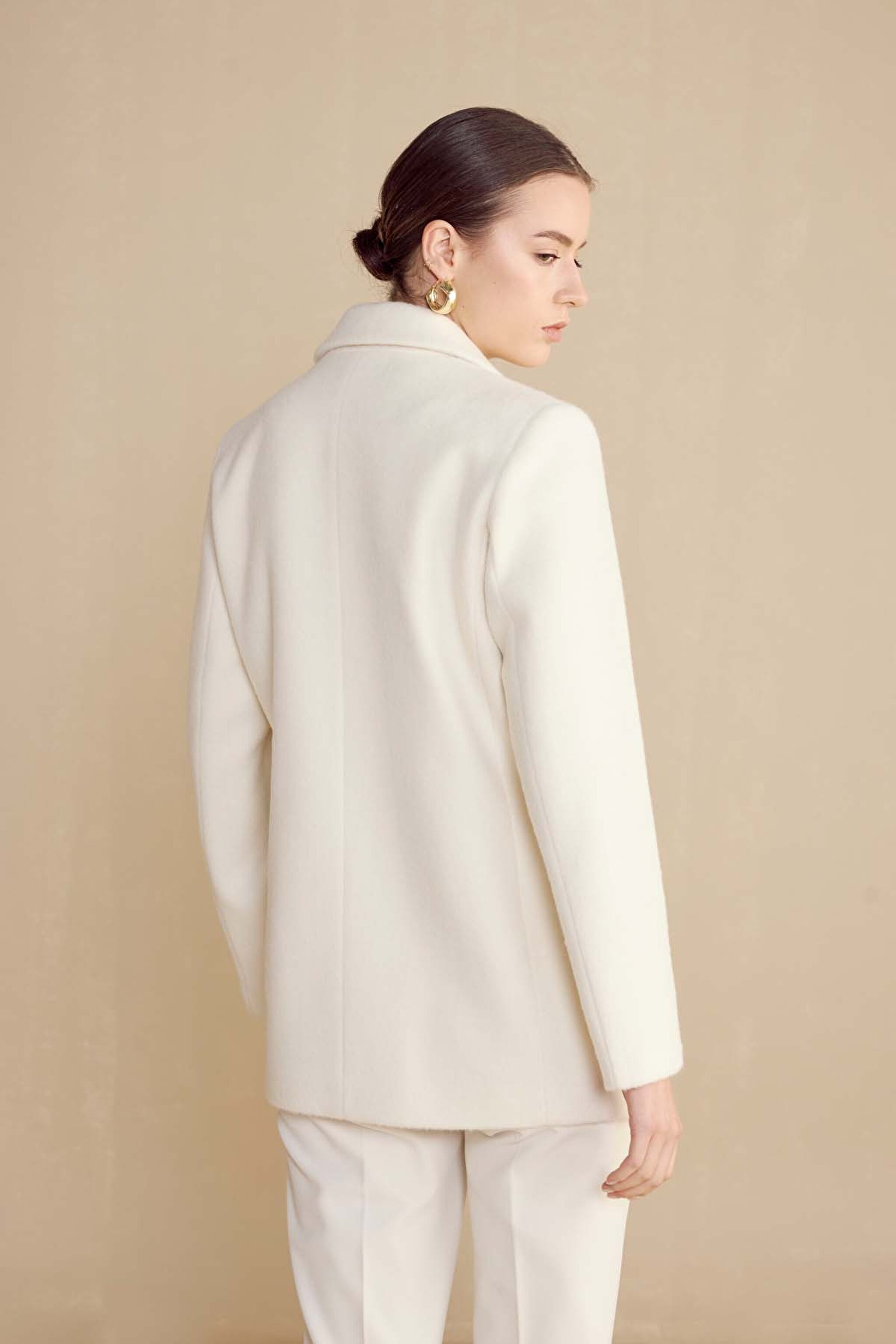 Sivri Yaka Oversize Yün Karışım Kadın Blazer - Ekru (görsel 5)