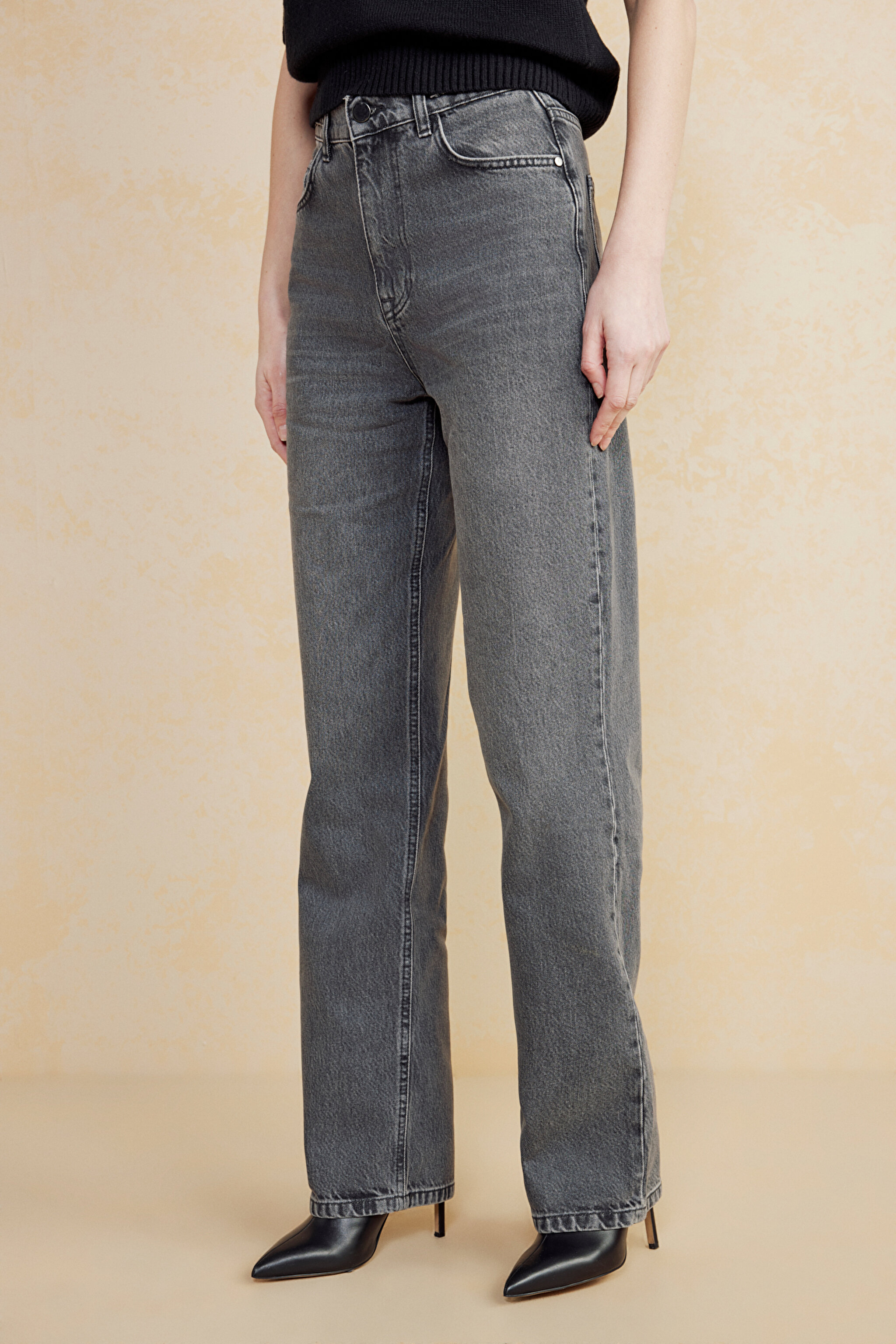 Metal Toka Detaylı Straight Fit Denim Pantolon - Antrasit (görsel 3)