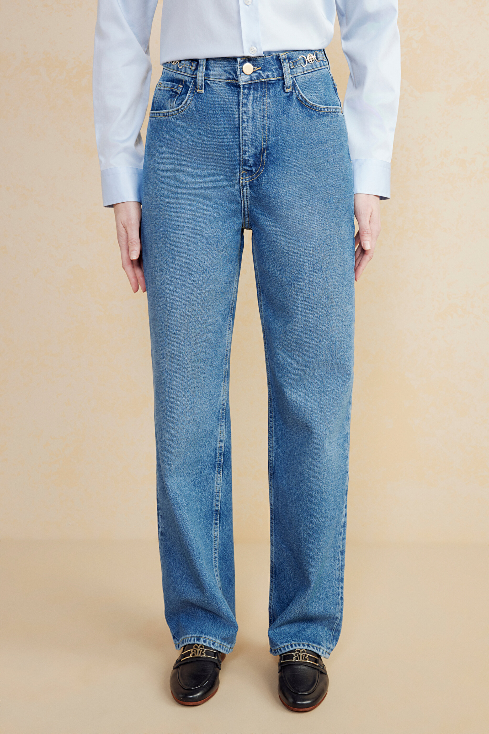 Metal Toka Detaylı Straight Fit Denim Pantolon - Mavi (görsel 3)