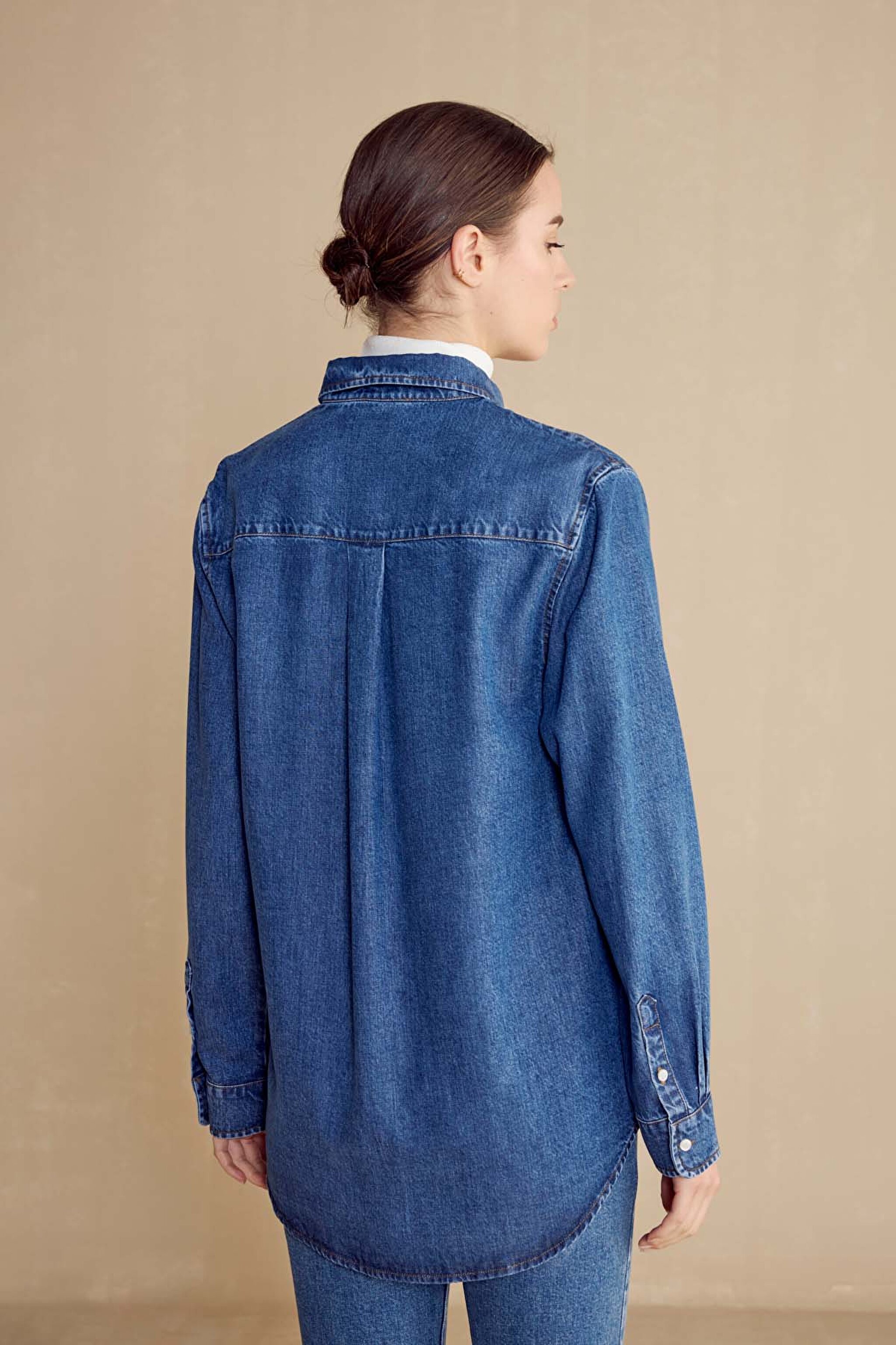 Logo Nakışlı Denim Kadın Gömlek - Lacivert (görsel 5)