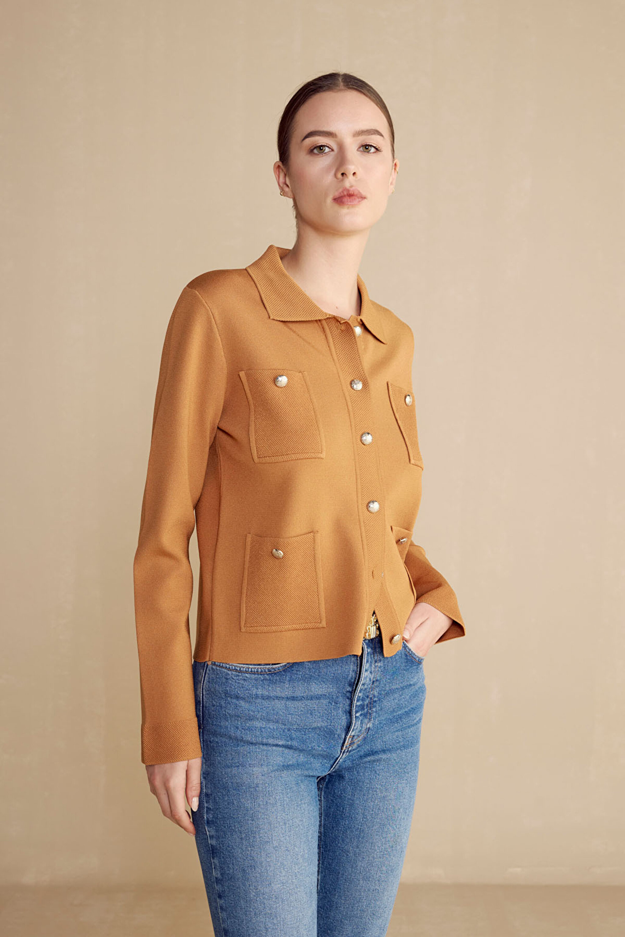 Rayon Triko Kadın Ceket - Camel
