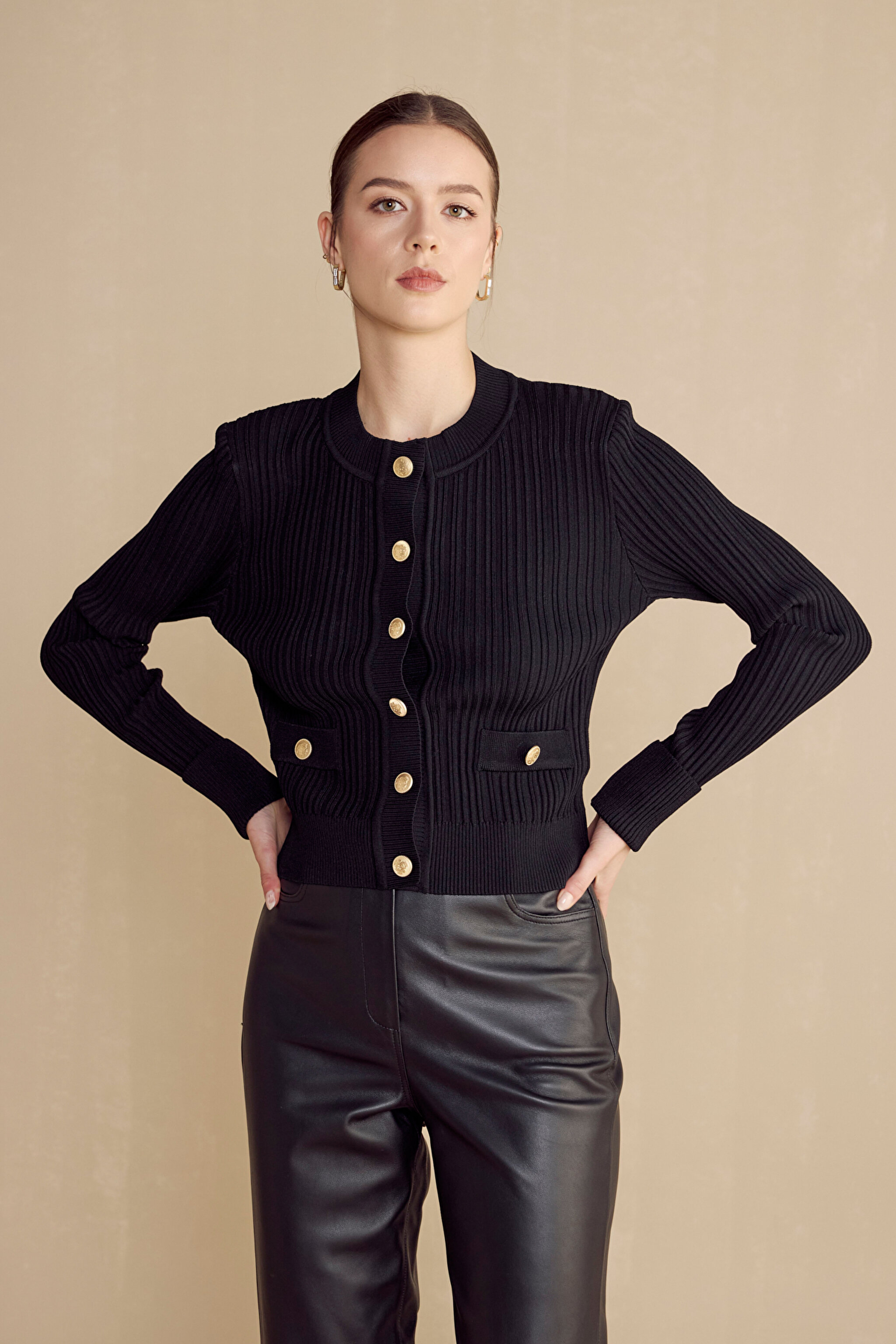 Cepli Triko Rayon Kadın Ceket - Siyah (görsel 2)