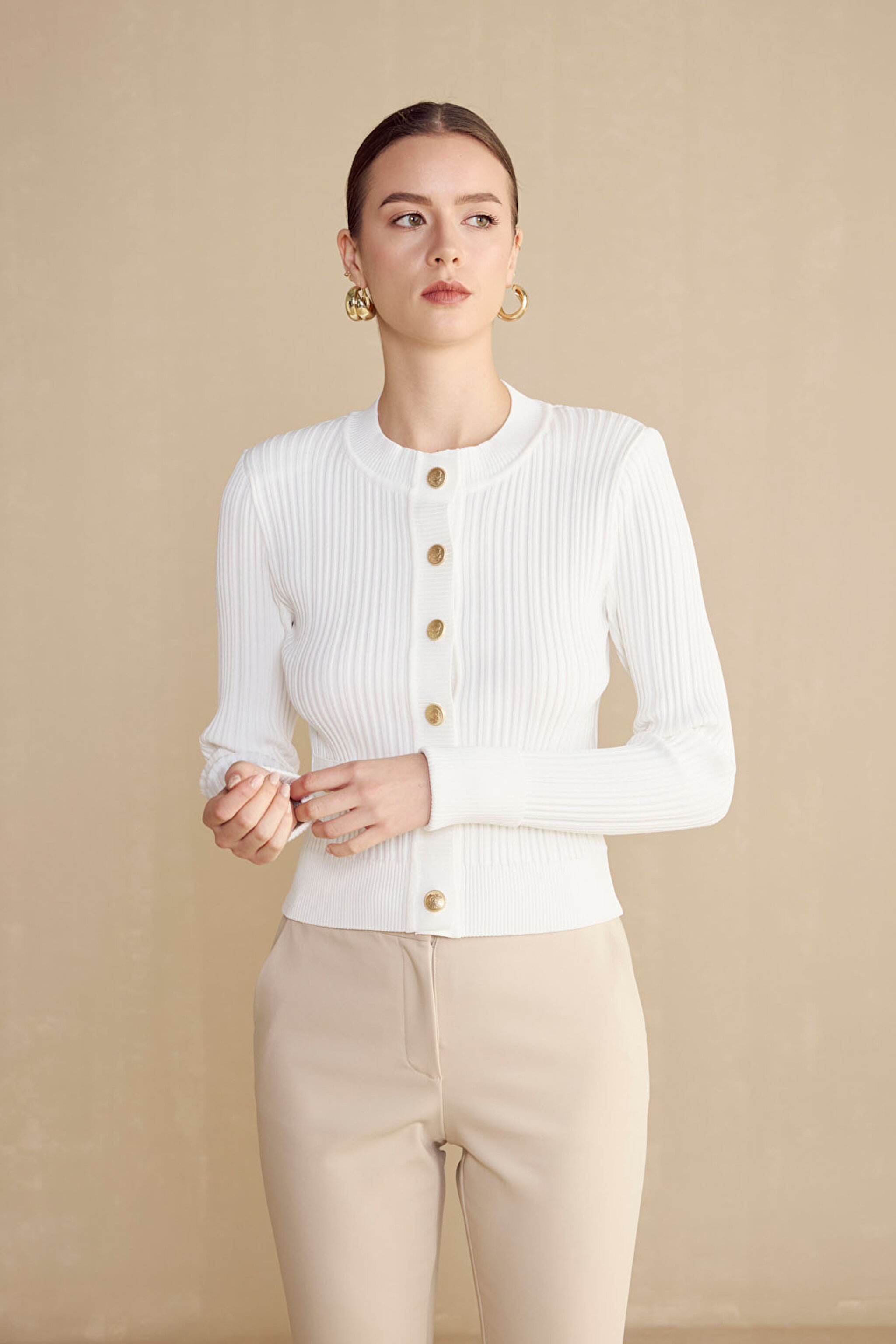 Cepli Triko Rayon Kadın Ceket - Ekru