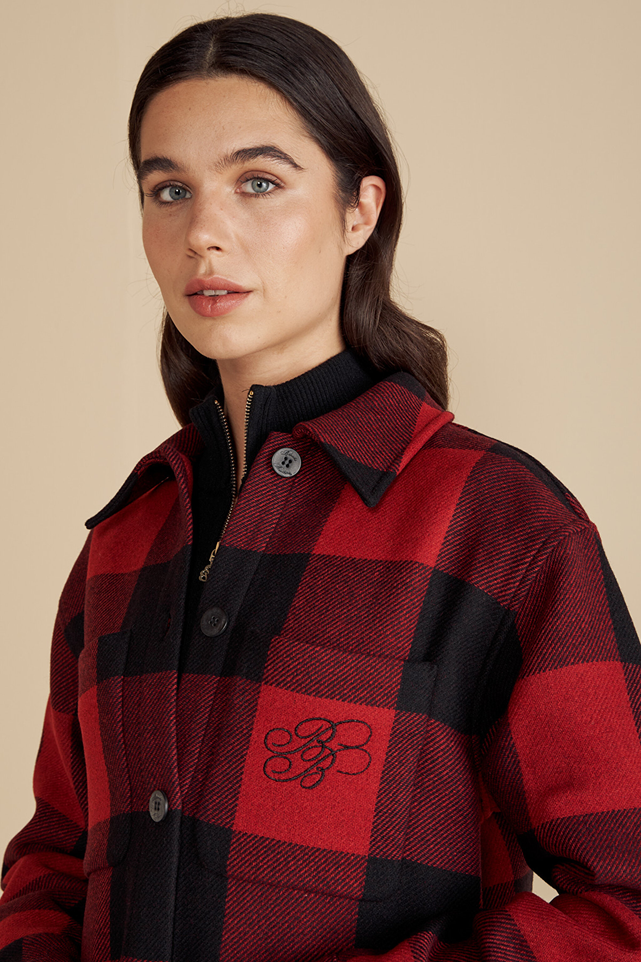 Yün Karışımlı Logo Nakışlı Ekoseli Yün Overshirt - kırmızı siyah ekoseli (görsel 5)