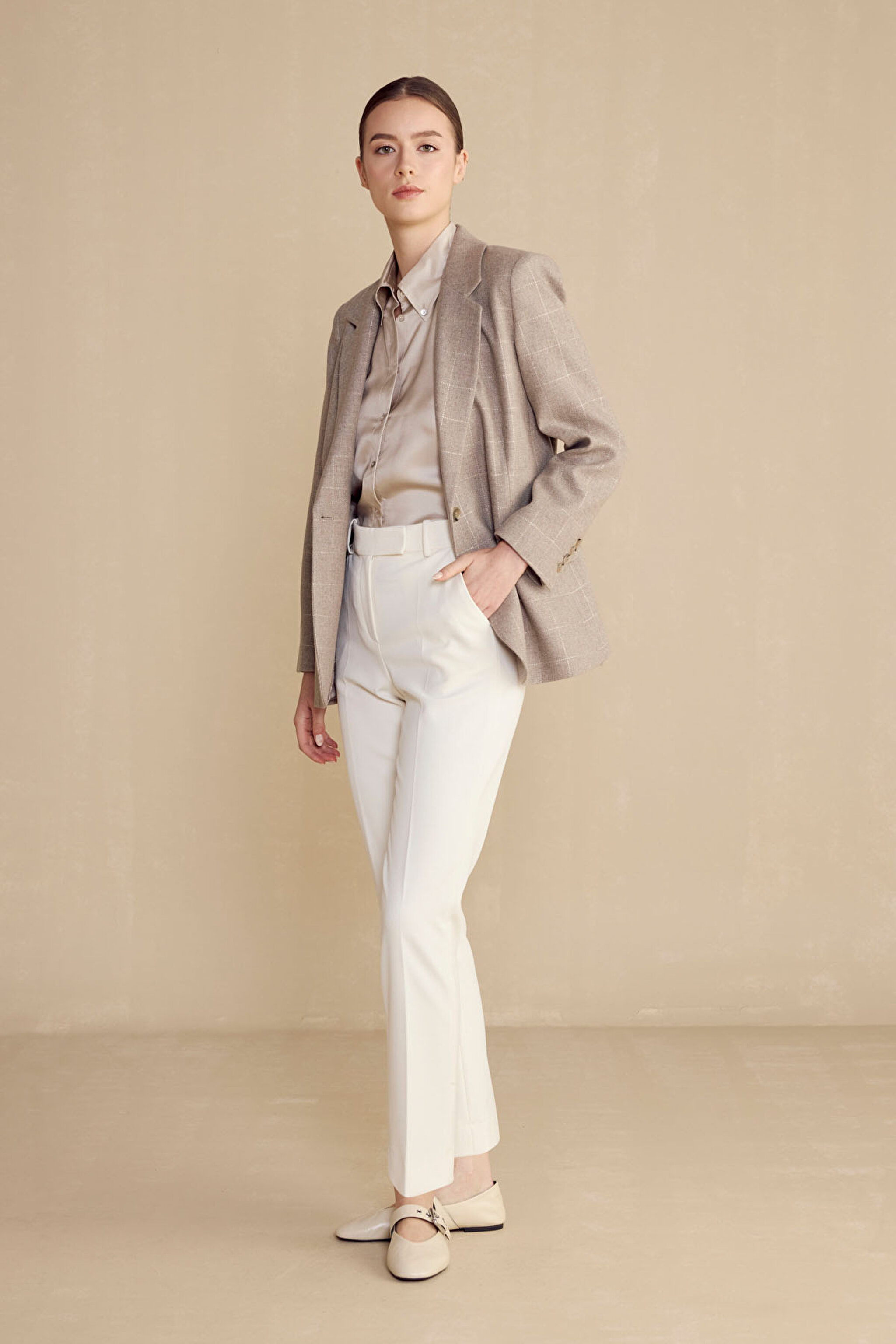 Regular Fit Basic Kadın Pantolon - Ekru (görsel 5)