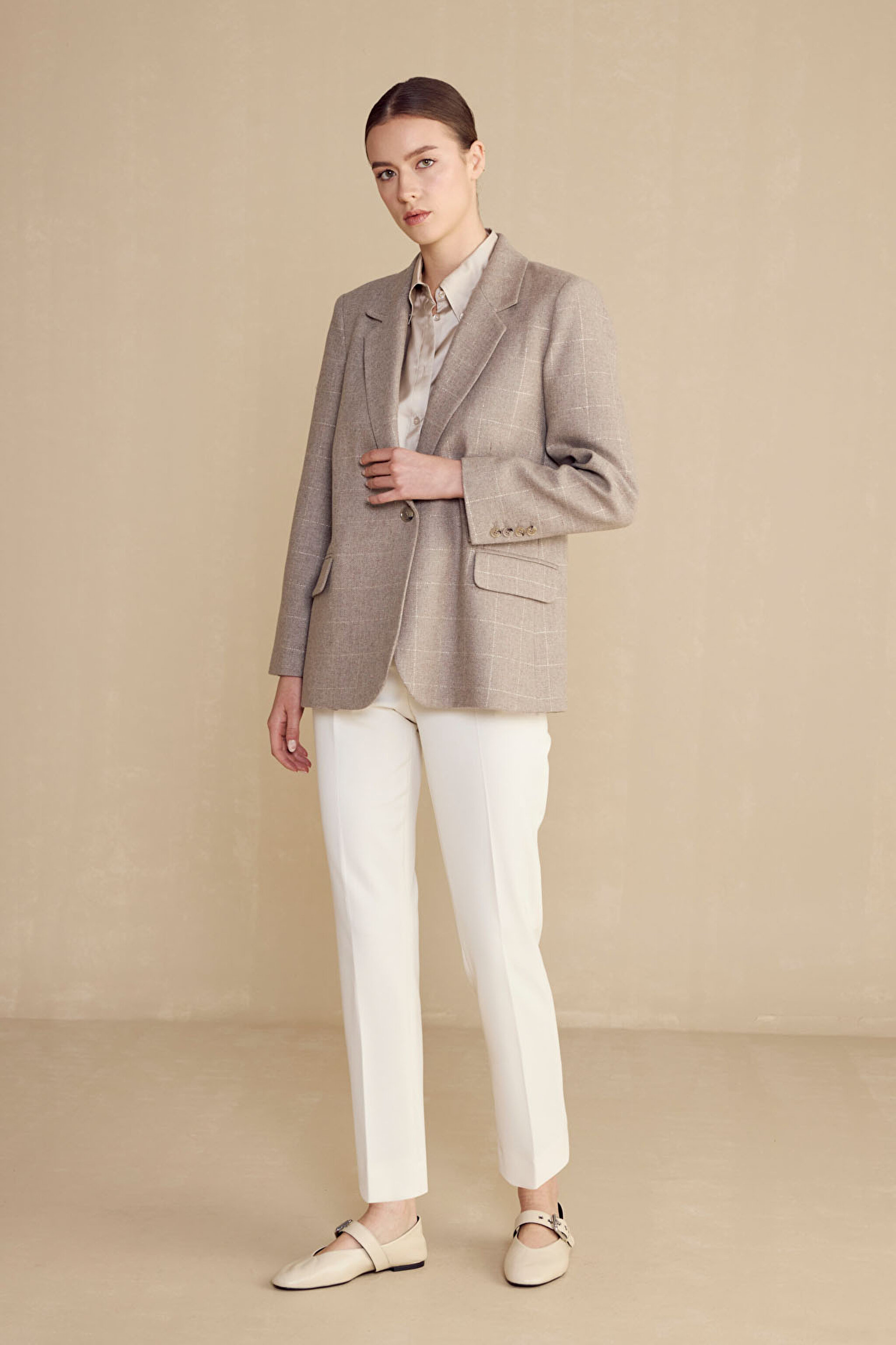 Regular Fit Basic Kadın Pantolon - Ekru (görsel 6)
