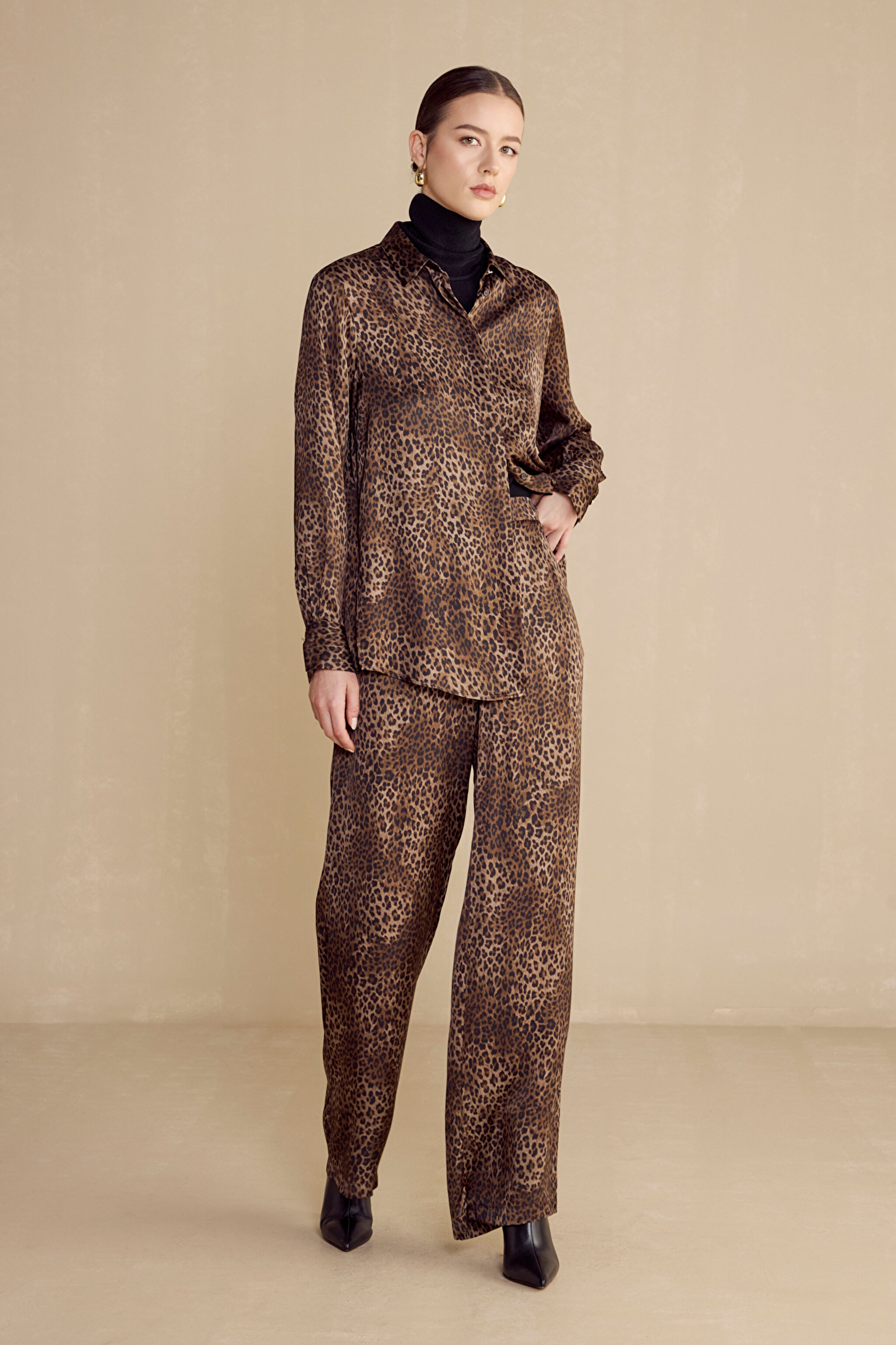 %100 viscose Esnek Belli Leopar Desenli Pantolon - Kahverengi-Siyah