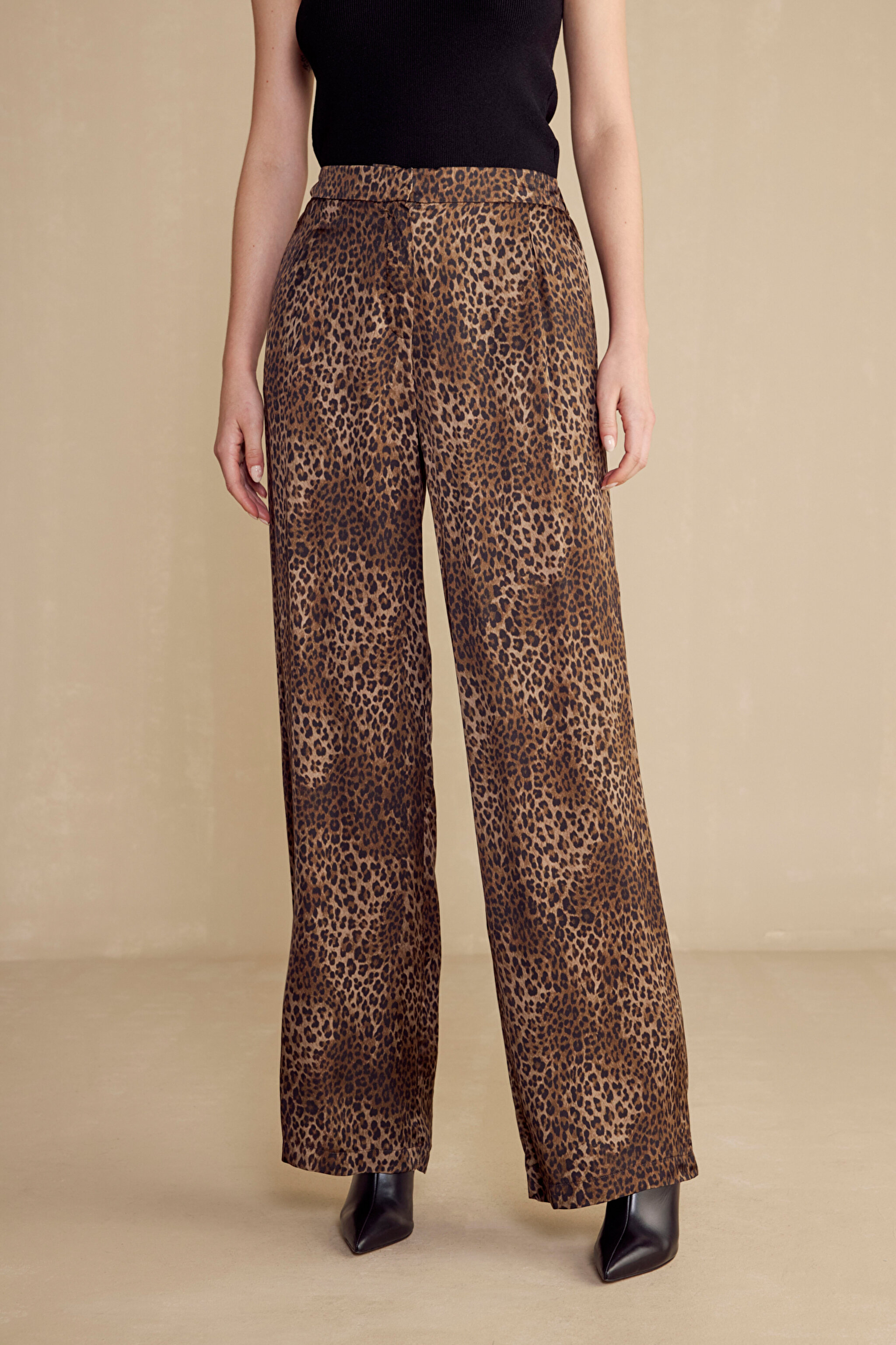 %100 viscose Esnek Belli Leopar Desenli Pantolon - Kahverengi-Siyah (görsel 2)