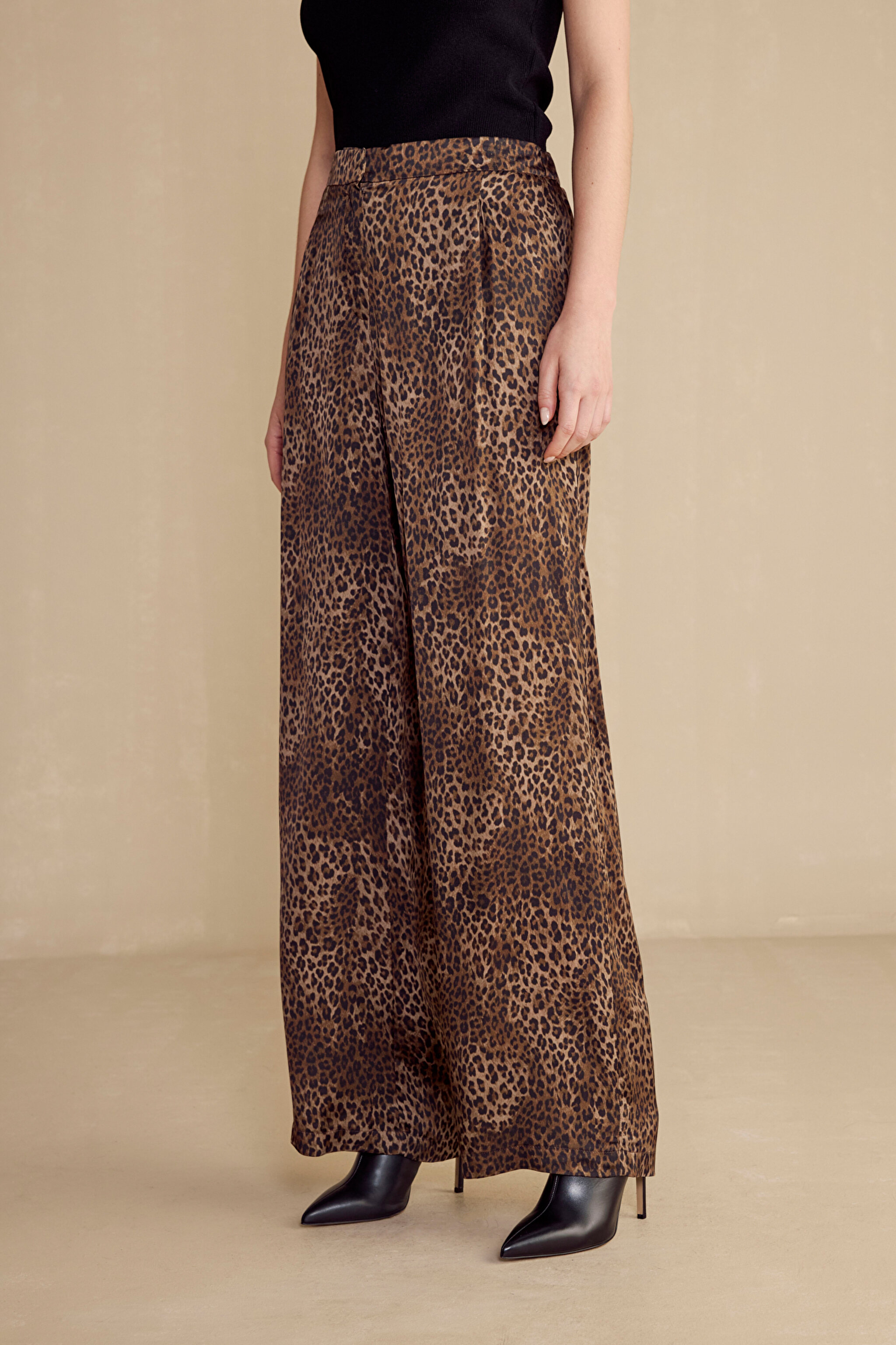 %100 viscose Esnek Belli Leopar Desenli Pantolon - Kahverengi-Siyah (görsel 3)