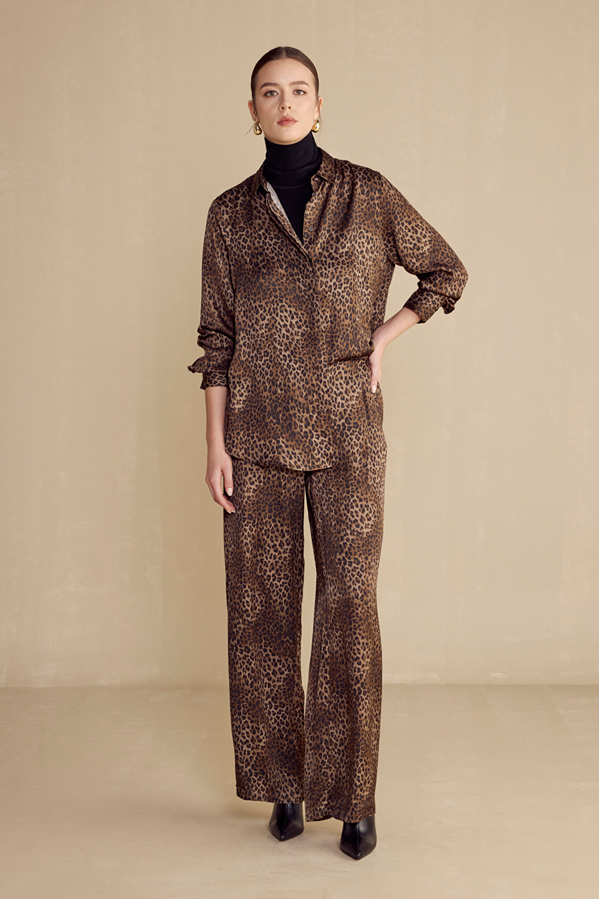 %100 viscose Esnek Belli Leopar Desenli Pantolon - Kahverengi-Siyah (görsel 5)