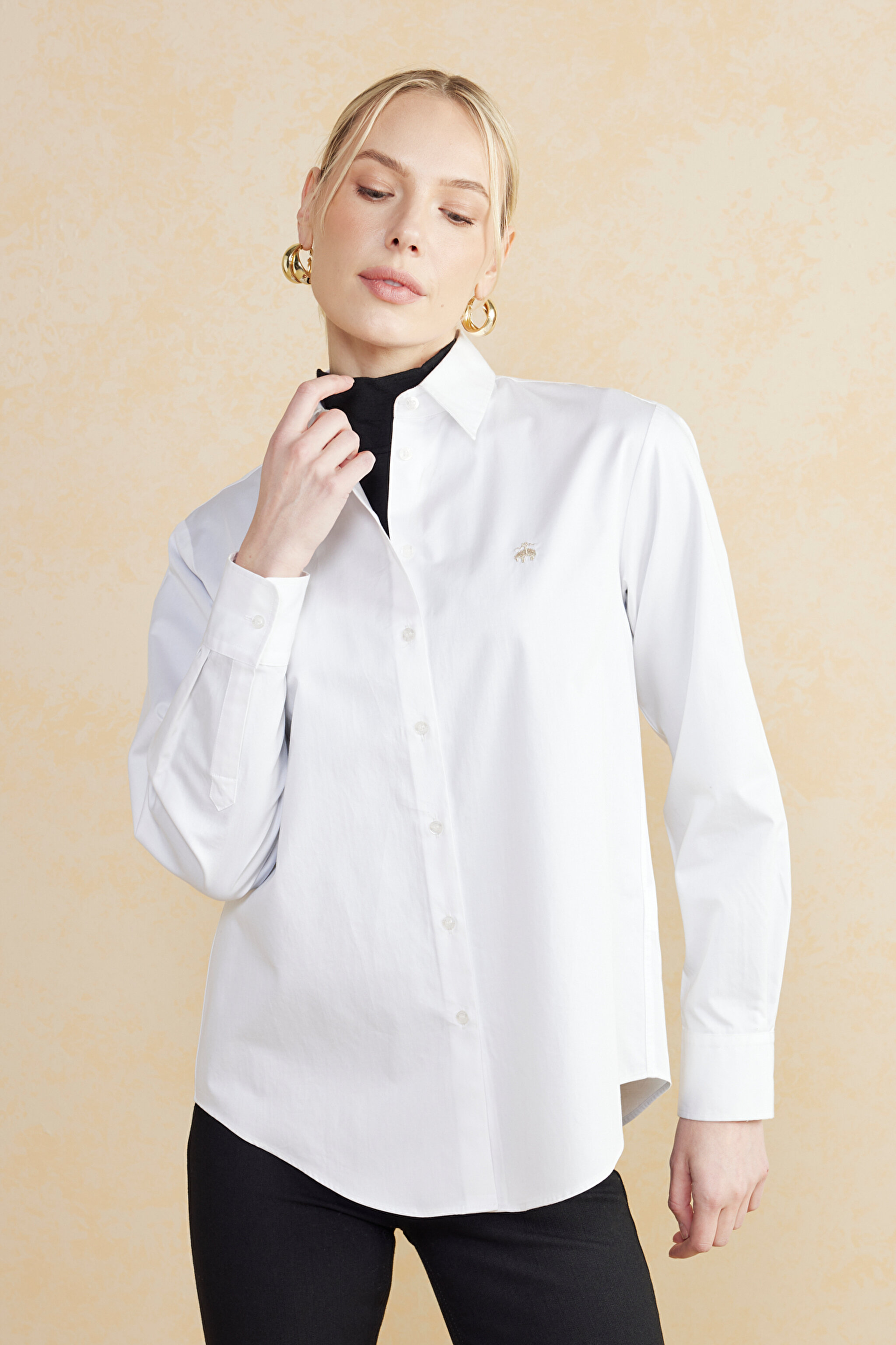 100% Cotton Logo Nakışlı Gömlek - Beyaz