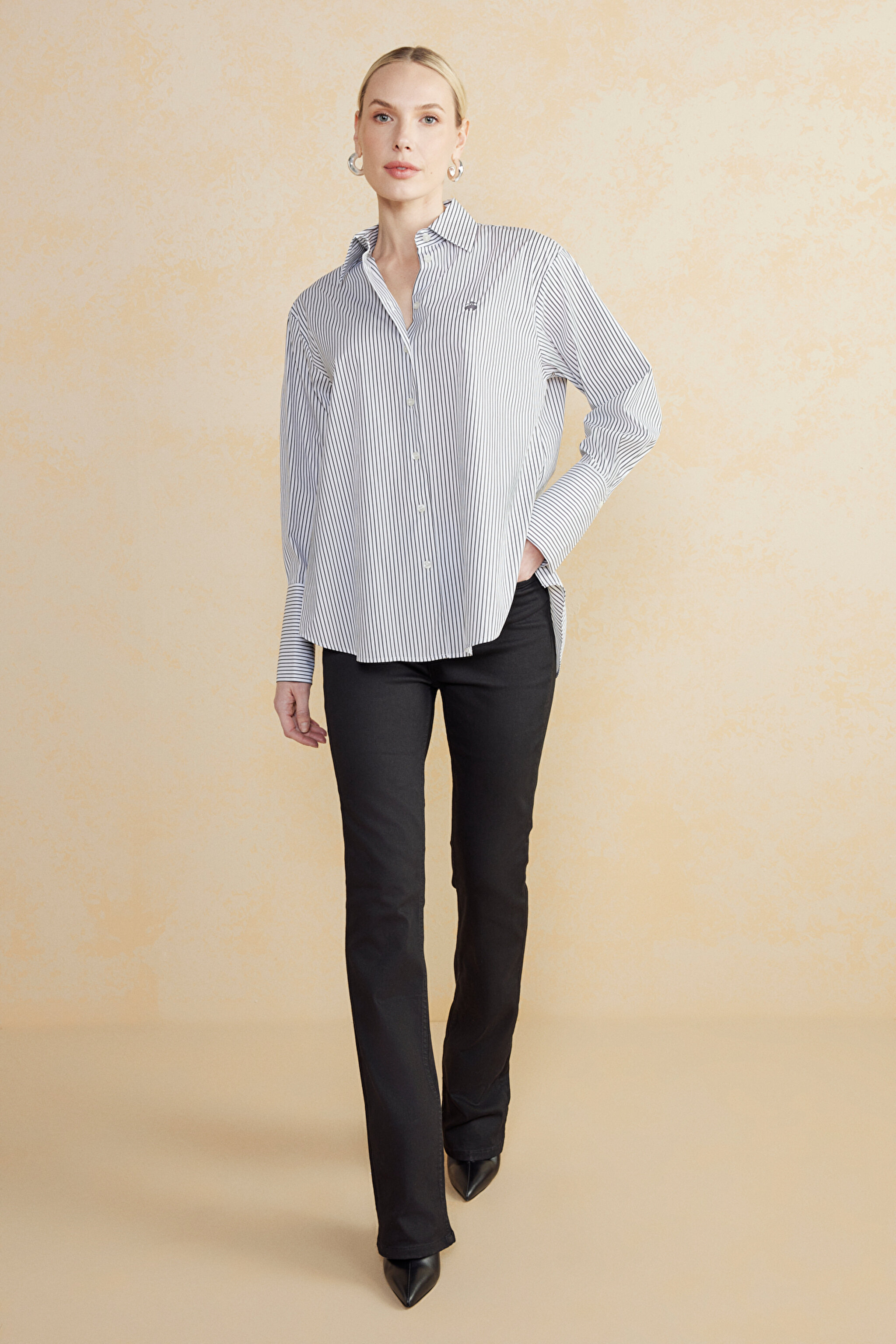 100% Cotton Çizgili Oversize Gömlek - Siyah-Ekru (görsel 3)
