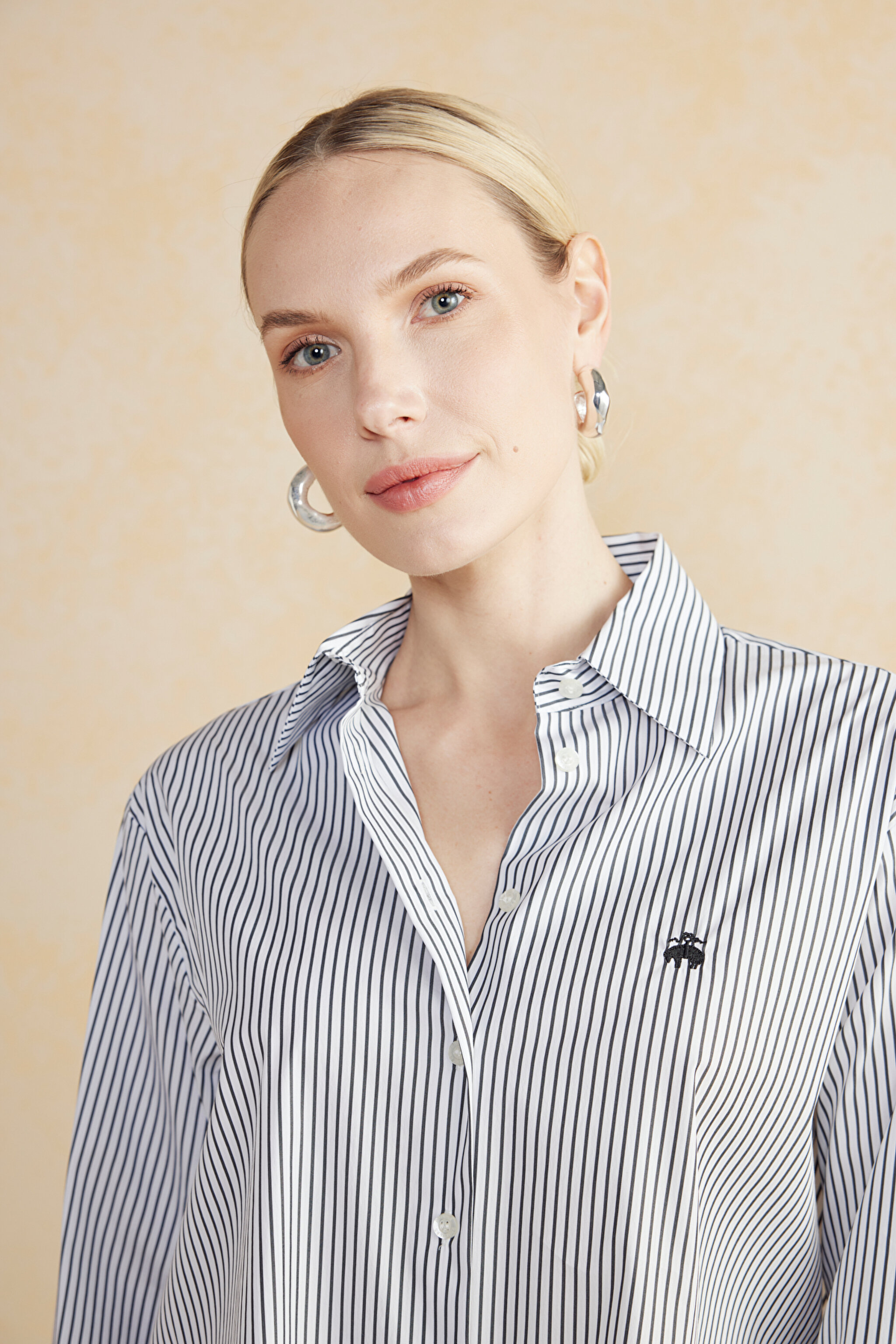 100% Cotton Çizgili Oversize Gömlek - Siyah-Ekru (görsel 4)