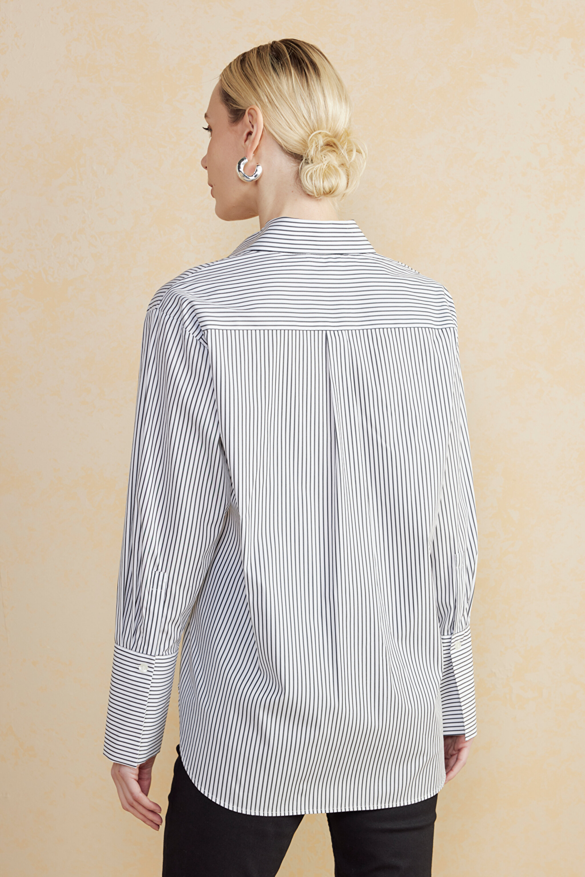 100% Cotton Çizgili Oversize Gömlek - Siyah-Ekru (görsel 5)