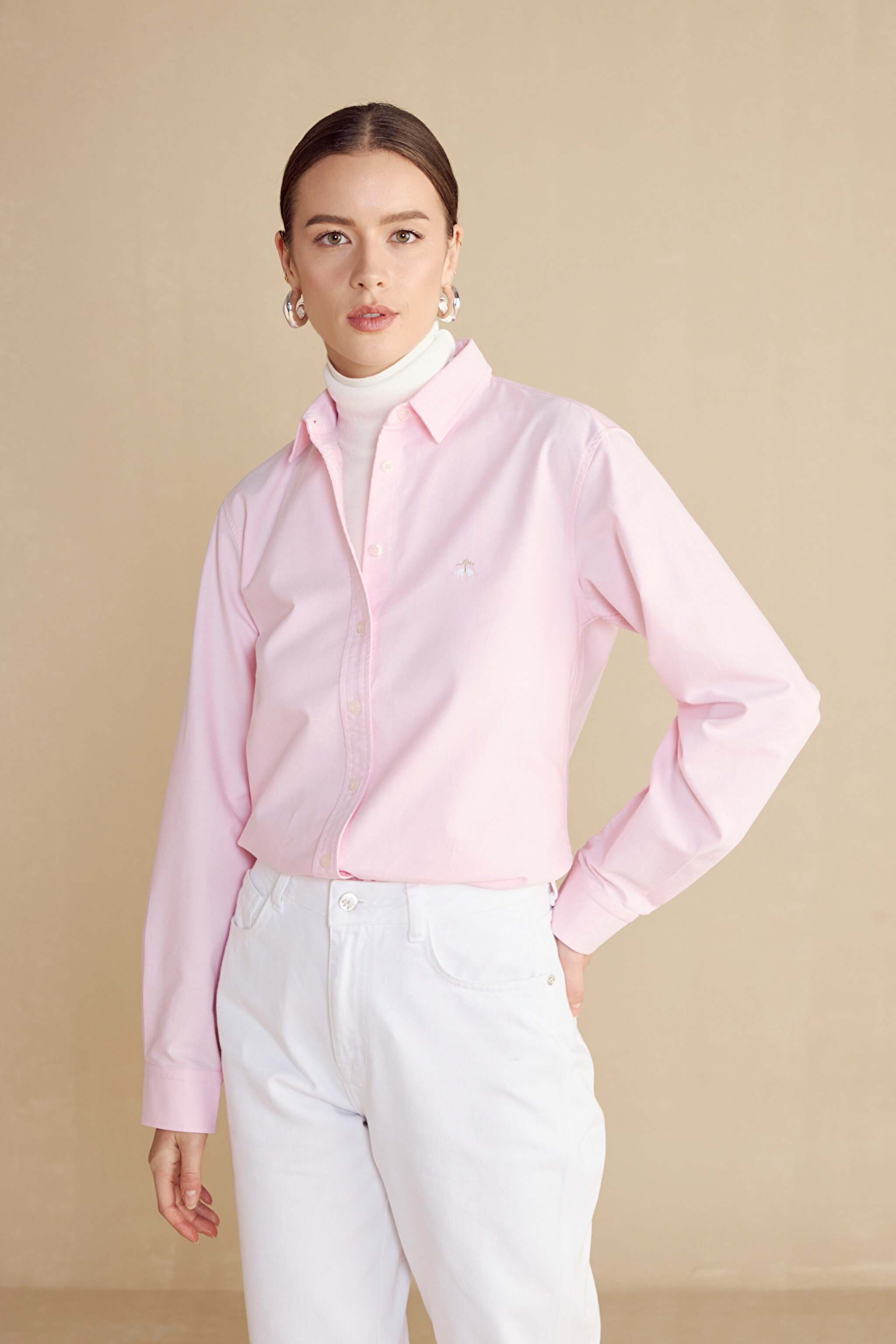 %100 Pamuk Logo Nakışlı Oxford Gömlek - Pembe (görsel 8)