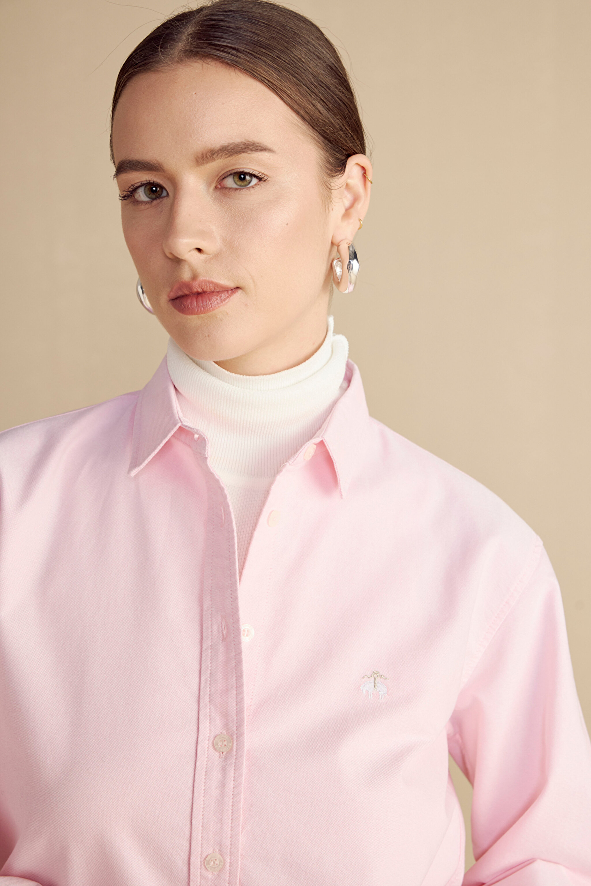 %100 Pamuk Logo Nakışlı Oxford Gömlek - Pembe (görsel 9)