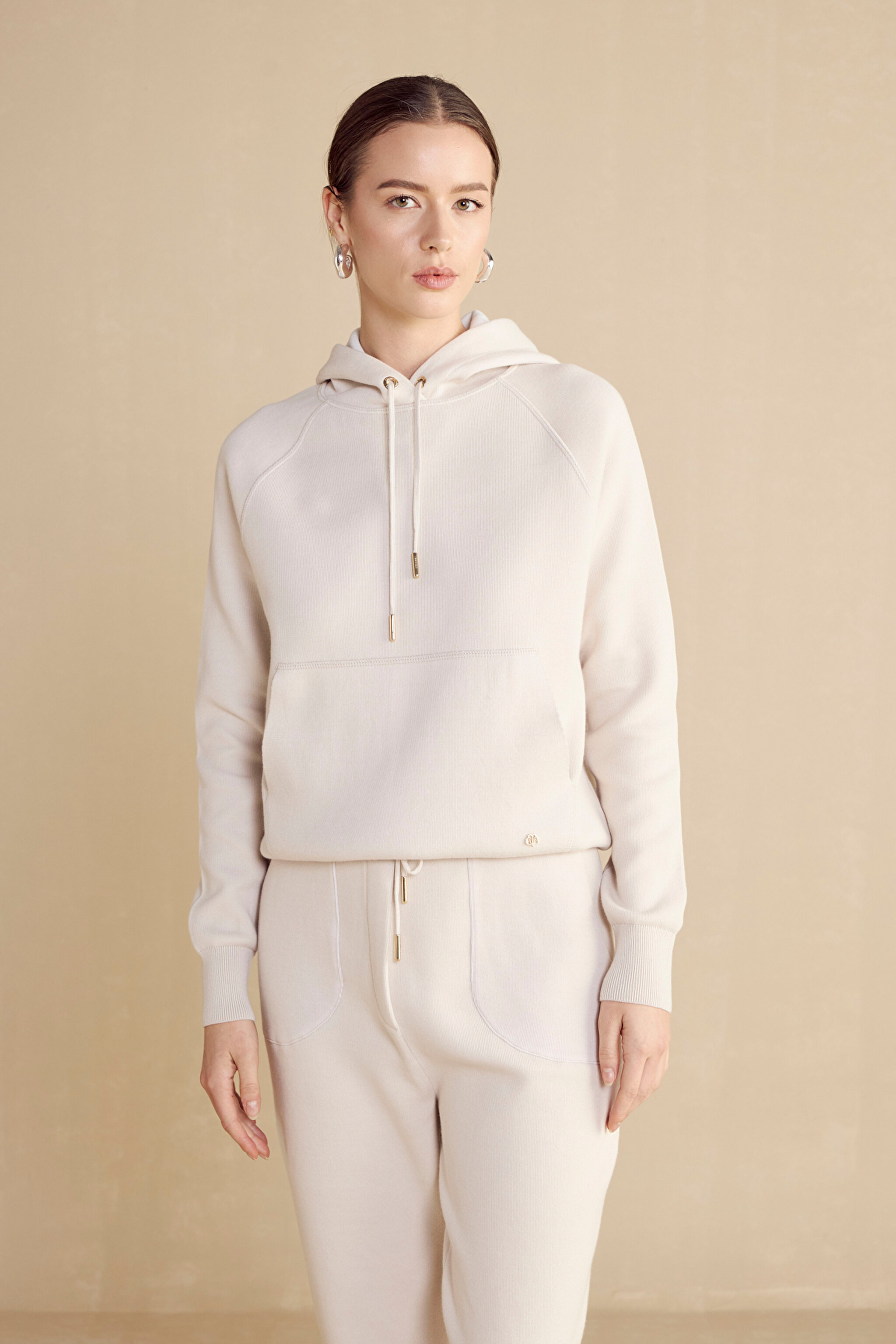 Kapüşonlu Yün Karışımlı Triko Sweatshirt - Krem