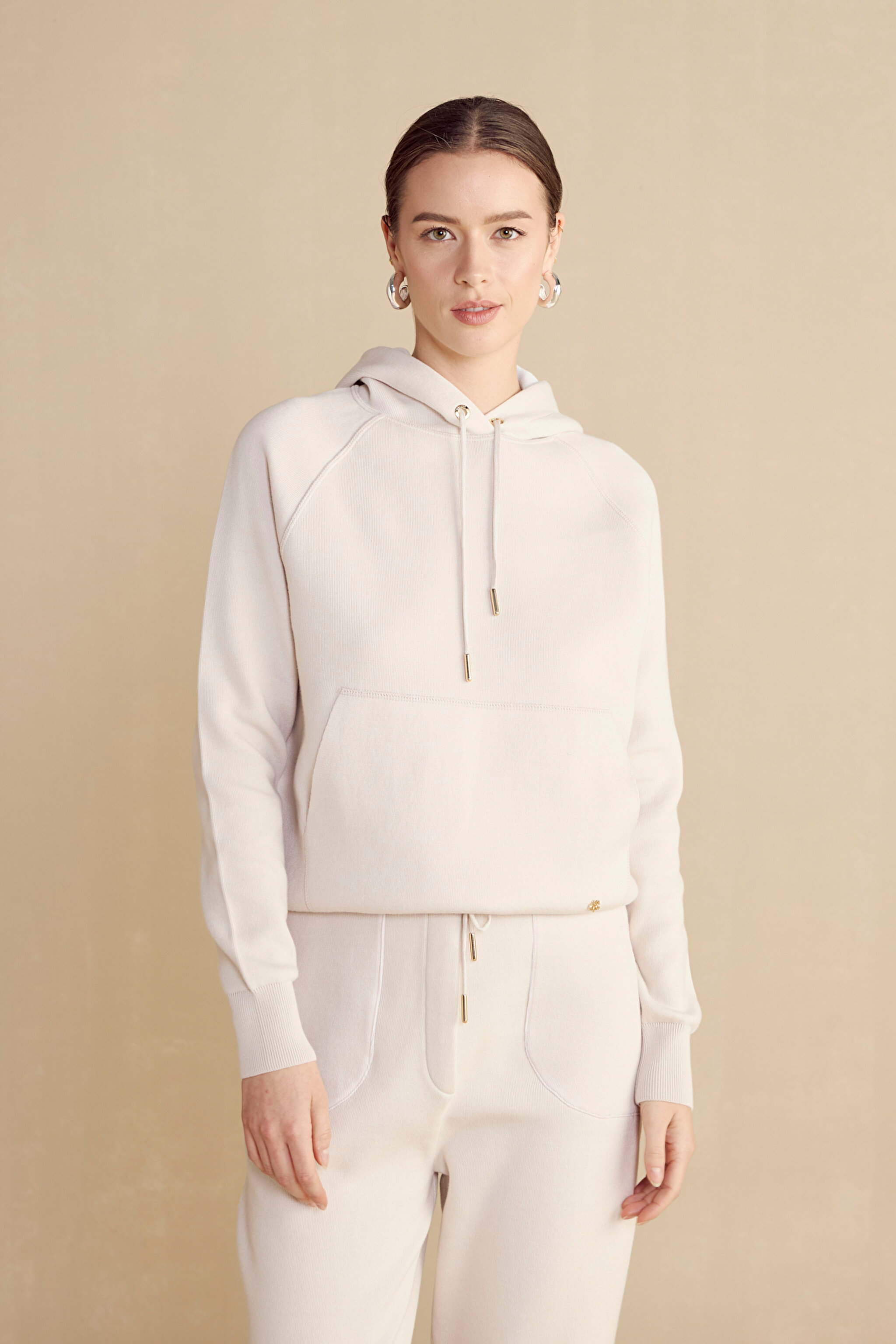 Kapüşonlu Yün Karışımlı Triko Sweatshirt - Krem (görsel 9)