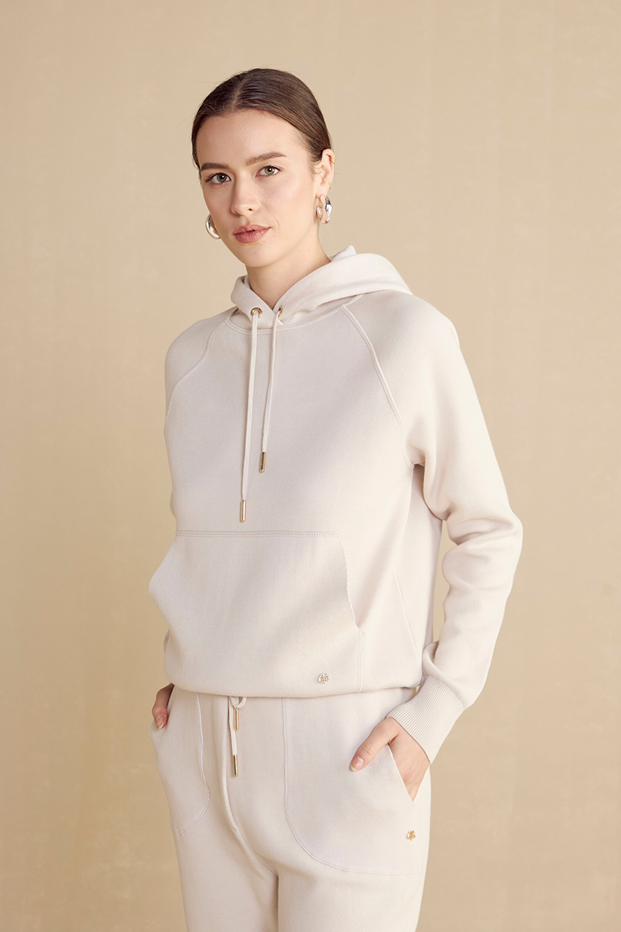 Kapüşonlu Yün Karışımlı Triko Sweatshirt - Krem (görsel 13)