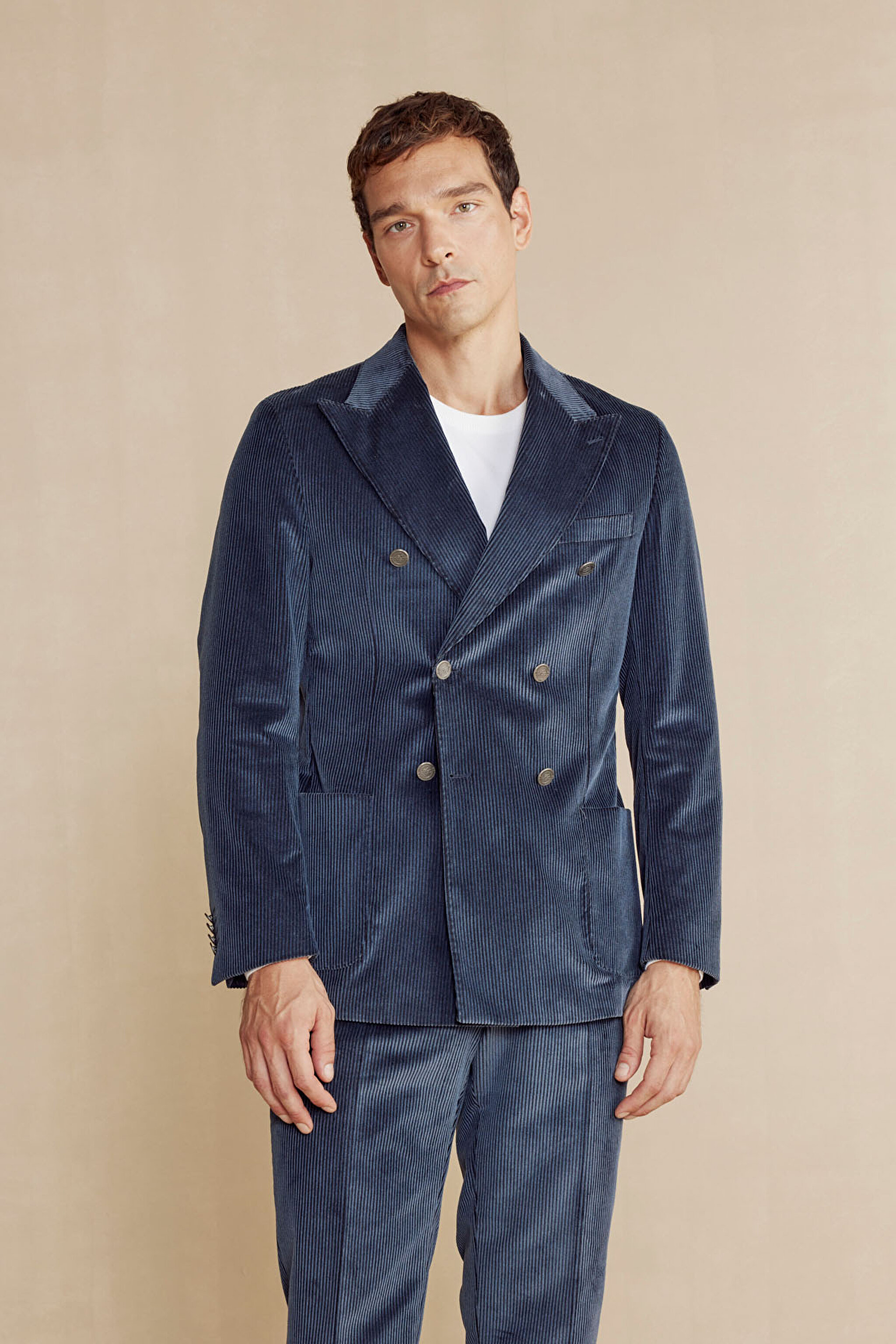 Slim Fit Kadife Karışım Kruvaze Erkek Ceket - Lacivert (görsel 3)