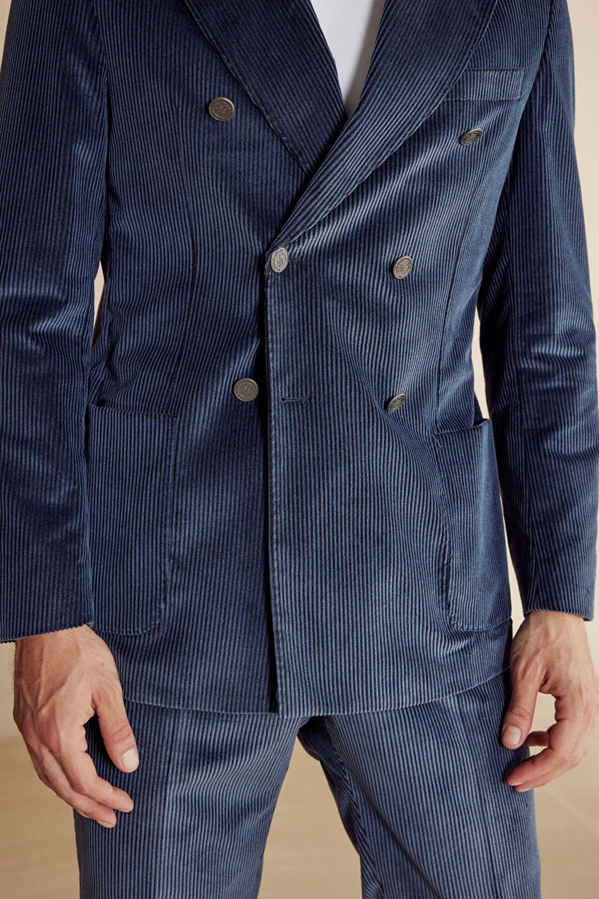 Slim Fit Kadife Karışım Kruvaze Erkek Ceket - Lacivert (görsel 4)