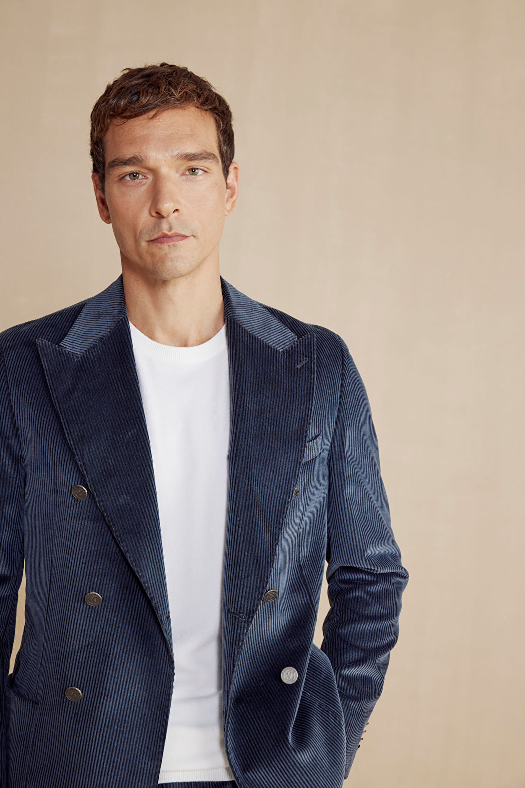 Slim Fit Kadife Karışım Kruvaze Erkek Ceket - Lacivert (görsel 7)