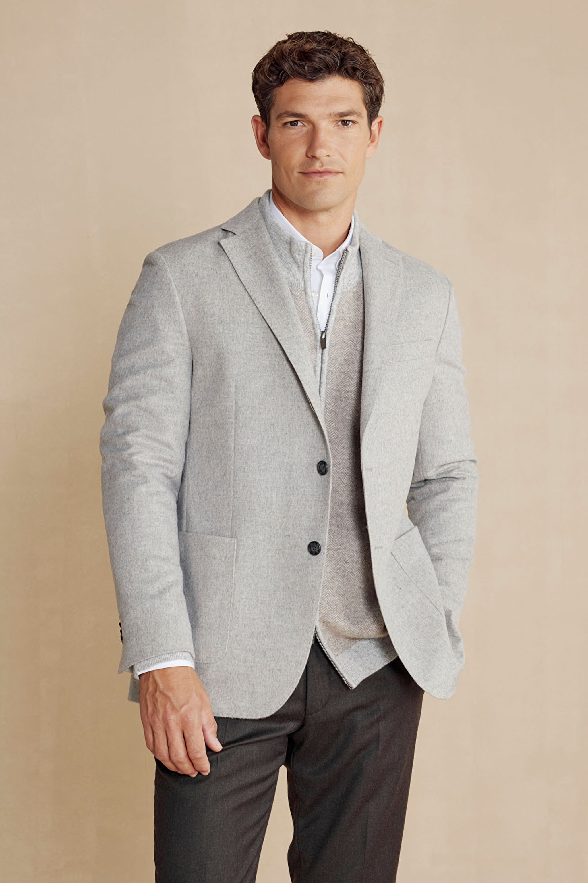 Kaşmir Karışımlı Mono Yaka Slim Fit Ceket - Gri
