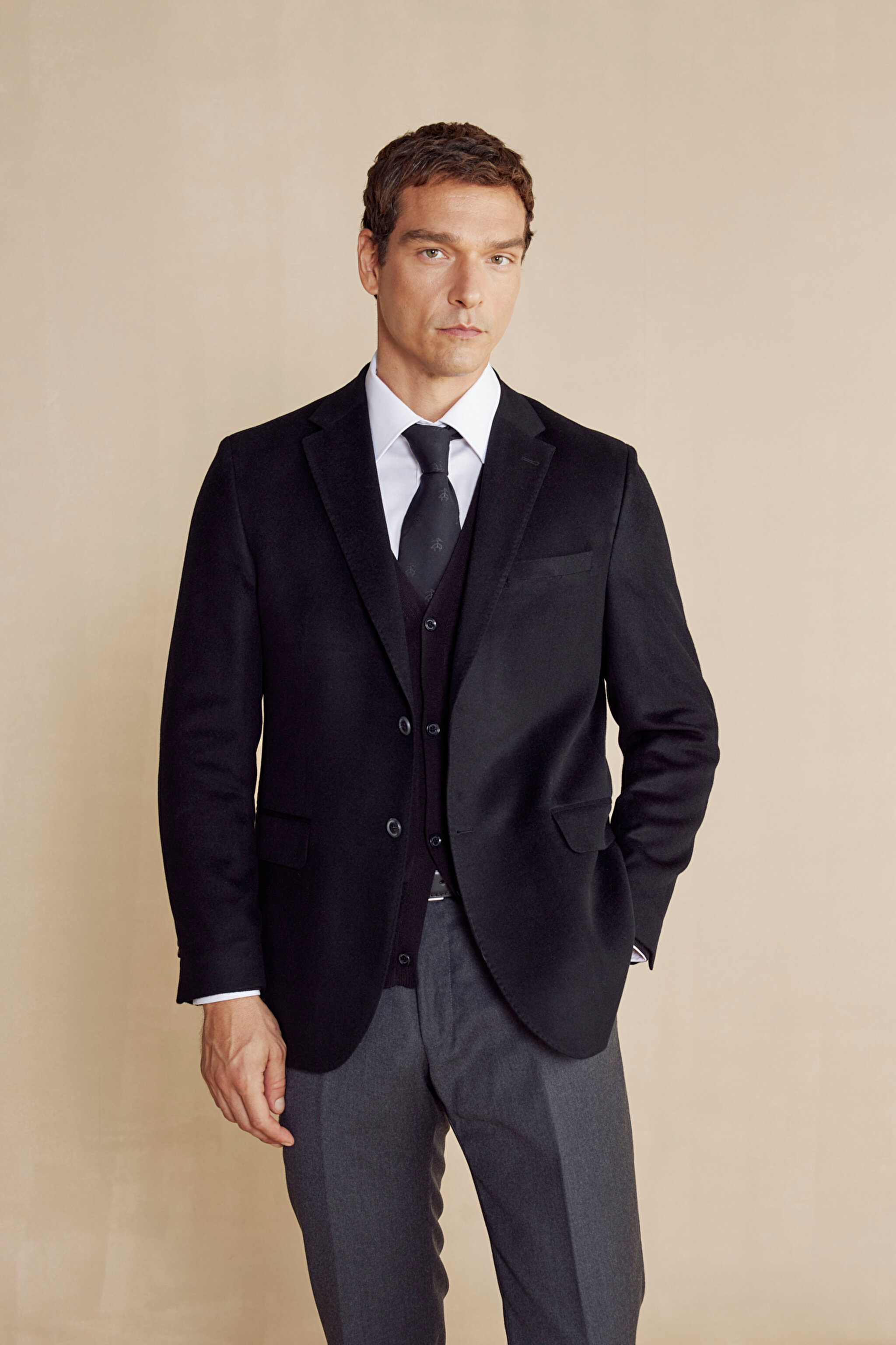 Kaşmir Karışımlı Mono Yaka Cepli Slim Fit Ceket - Siyah