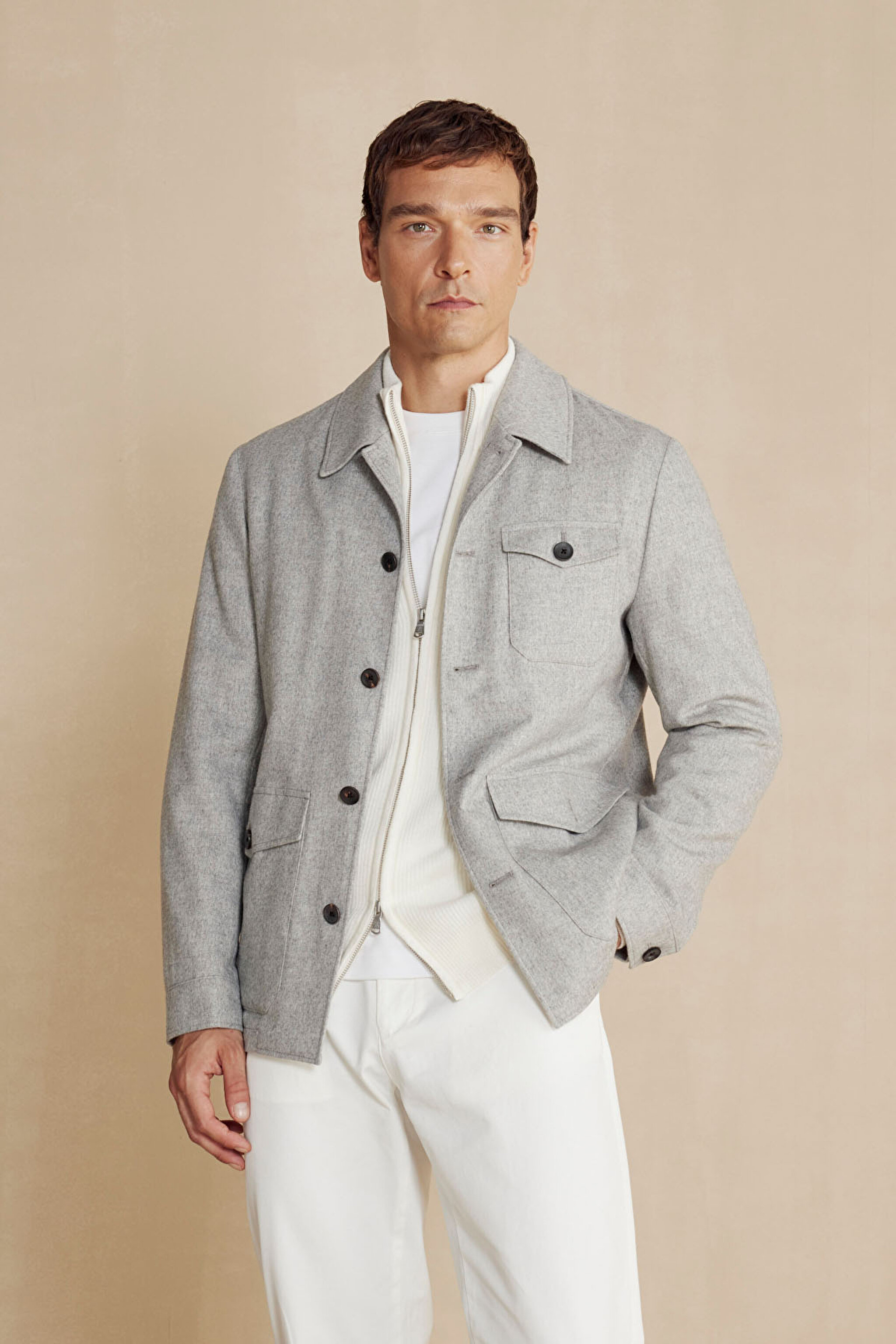 Kaşmir Karışımlı Kapak Cepli Erkek Overjacket - Gri