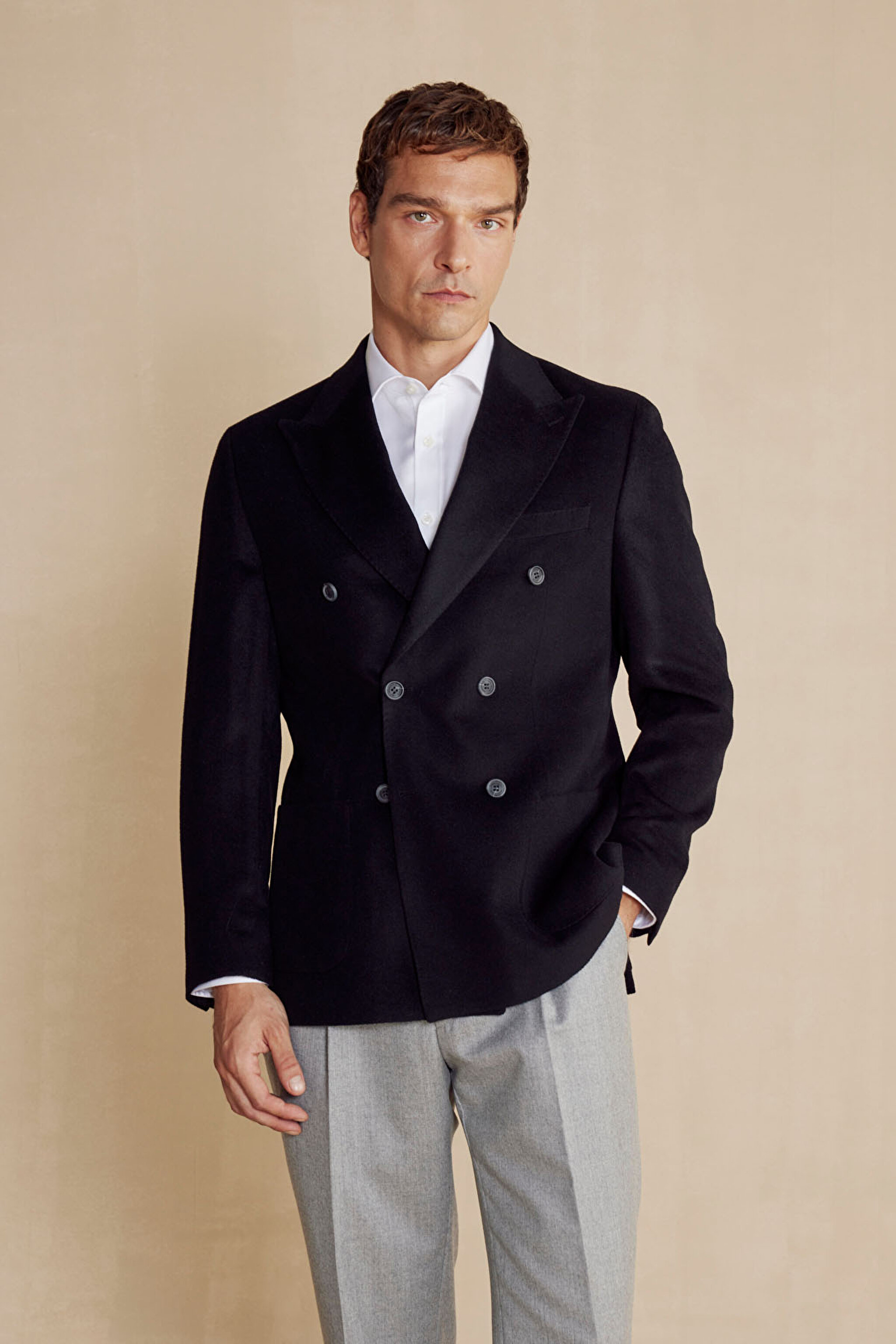 Slim Fit Kaşmir Karışım Kruvaze Erkek Ceket - Siyah