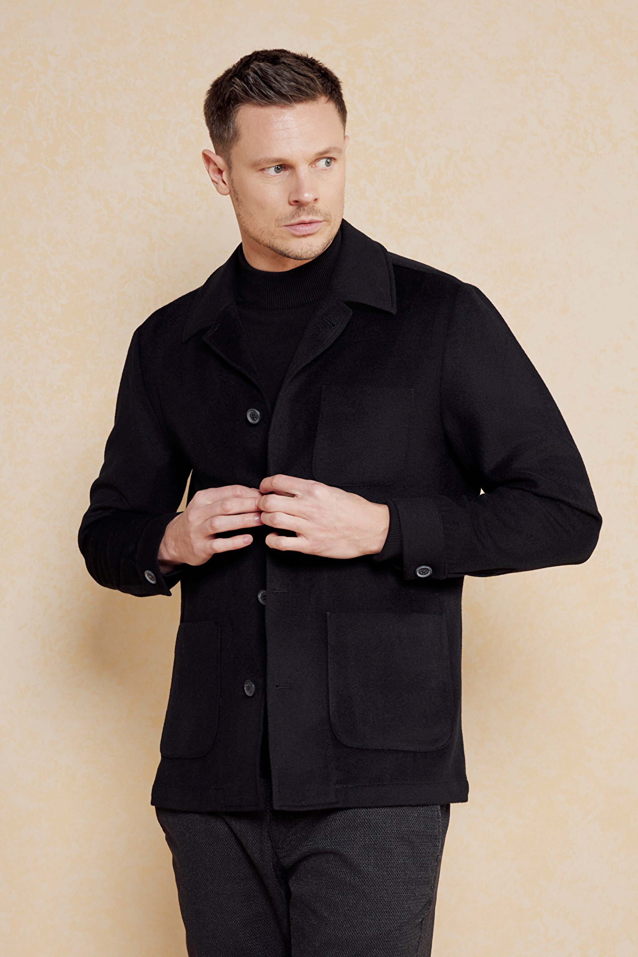 Kaşmir Karışımlı Kapak Cepli Overjacket - Siyah