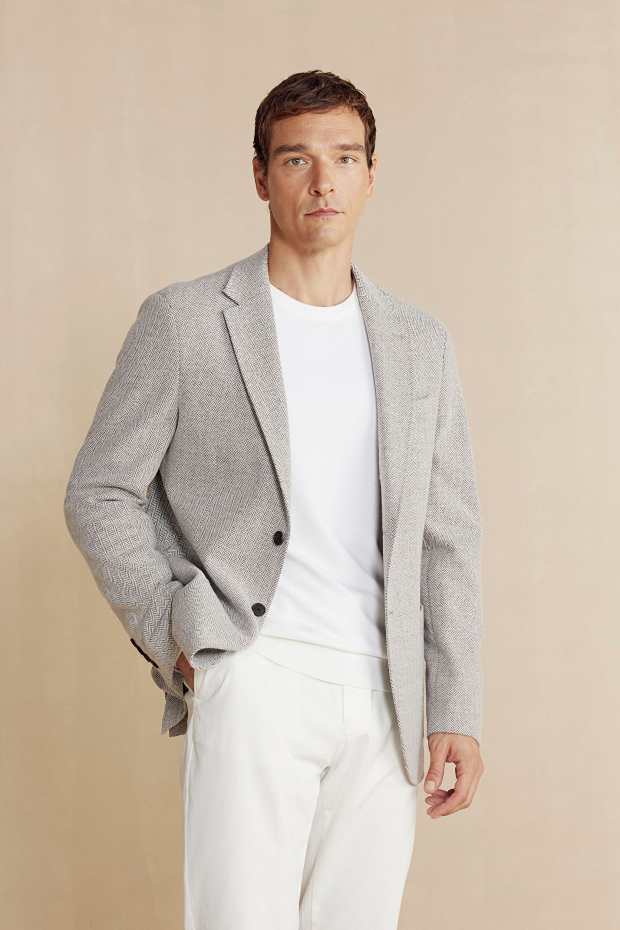 Yün Karışımlı Mono Yaka Slim Fit Örme Ceket - Koyu Bej