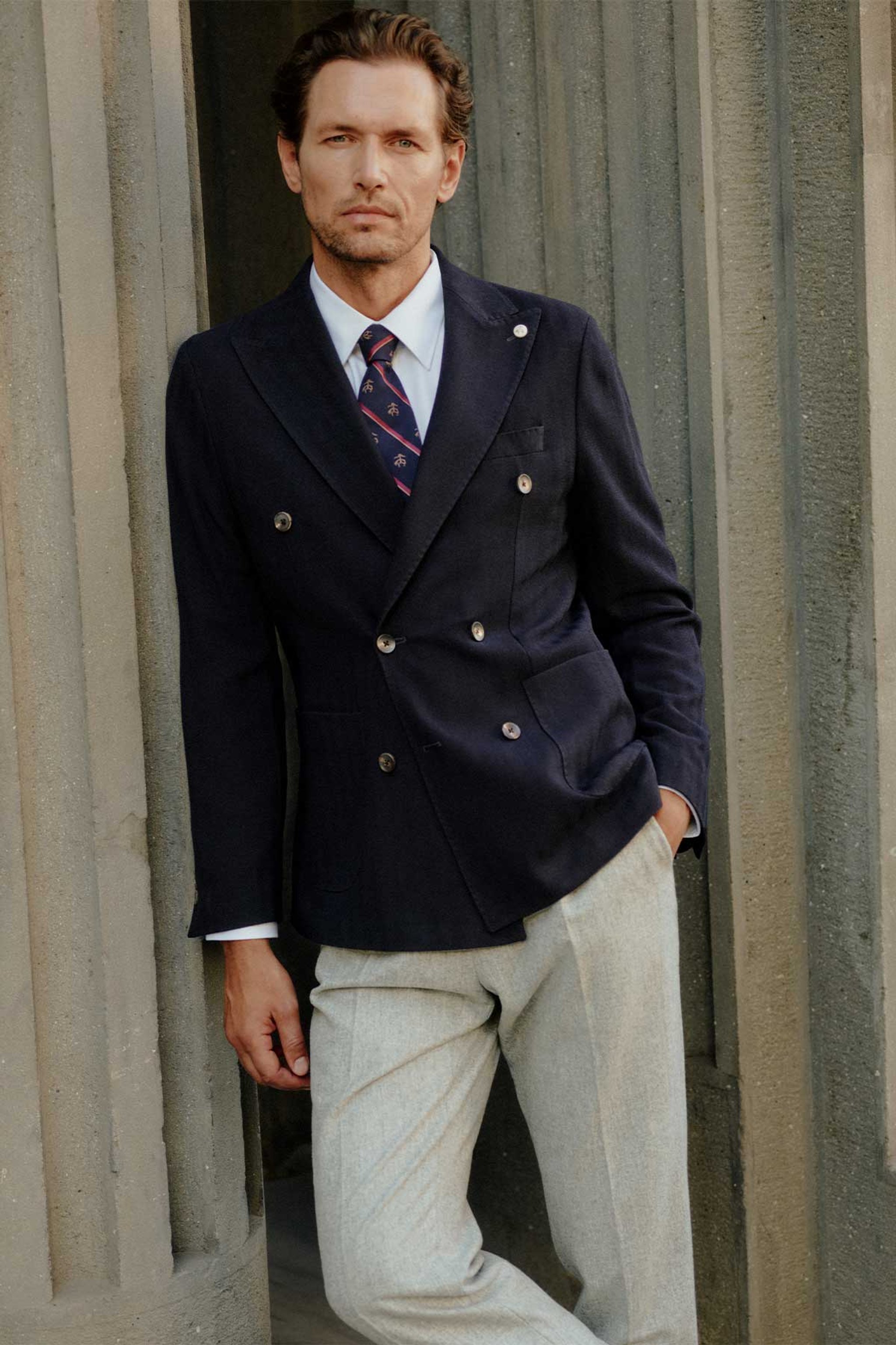 Yün Karışımlı Slim Fit Kruvaze Sivri Yaka Erkek Ceket - Lacivert
