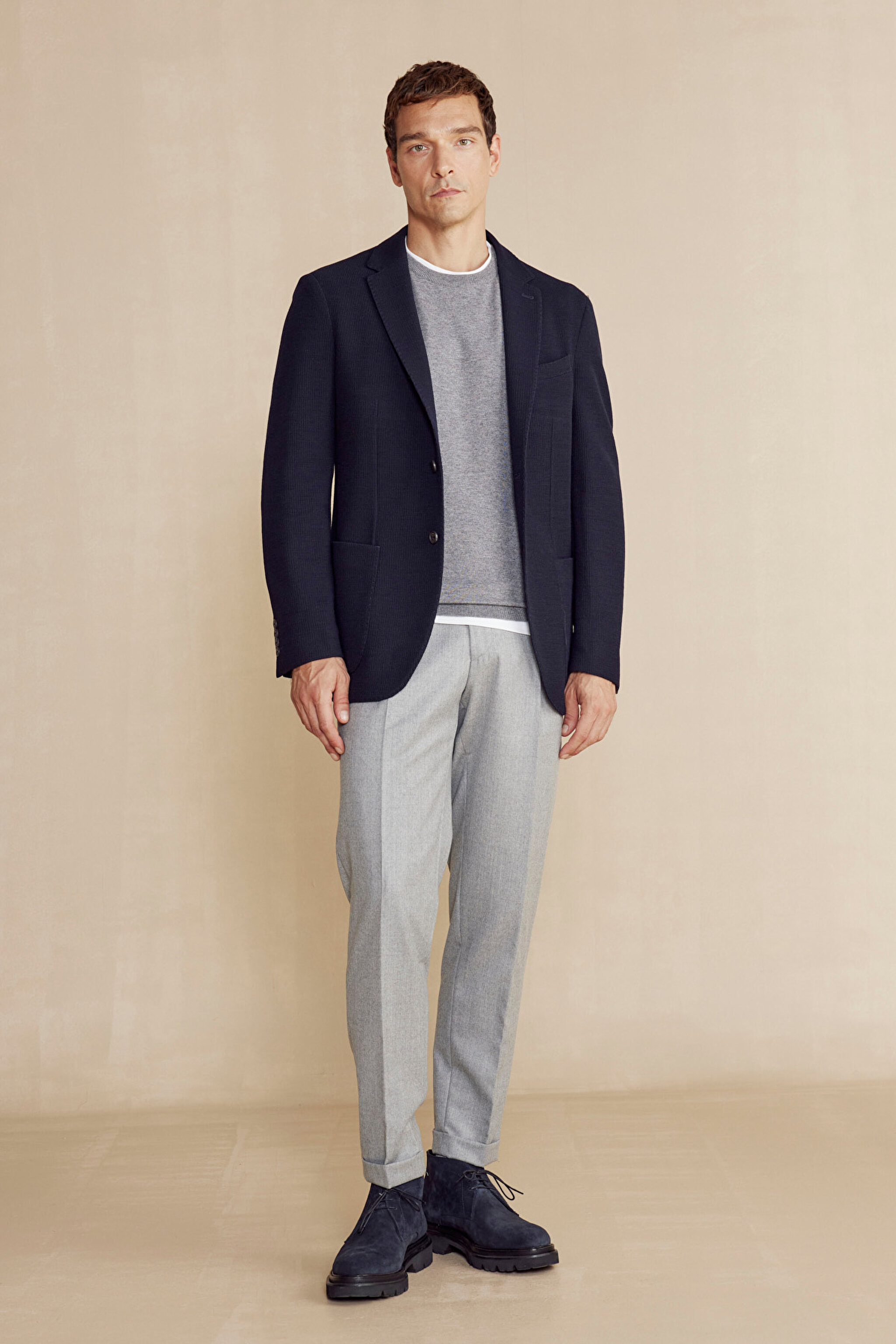 100% Yün Mono Yaka Torba Cep Slim Fit Örme Ceket - Lacivert (görsel 3)