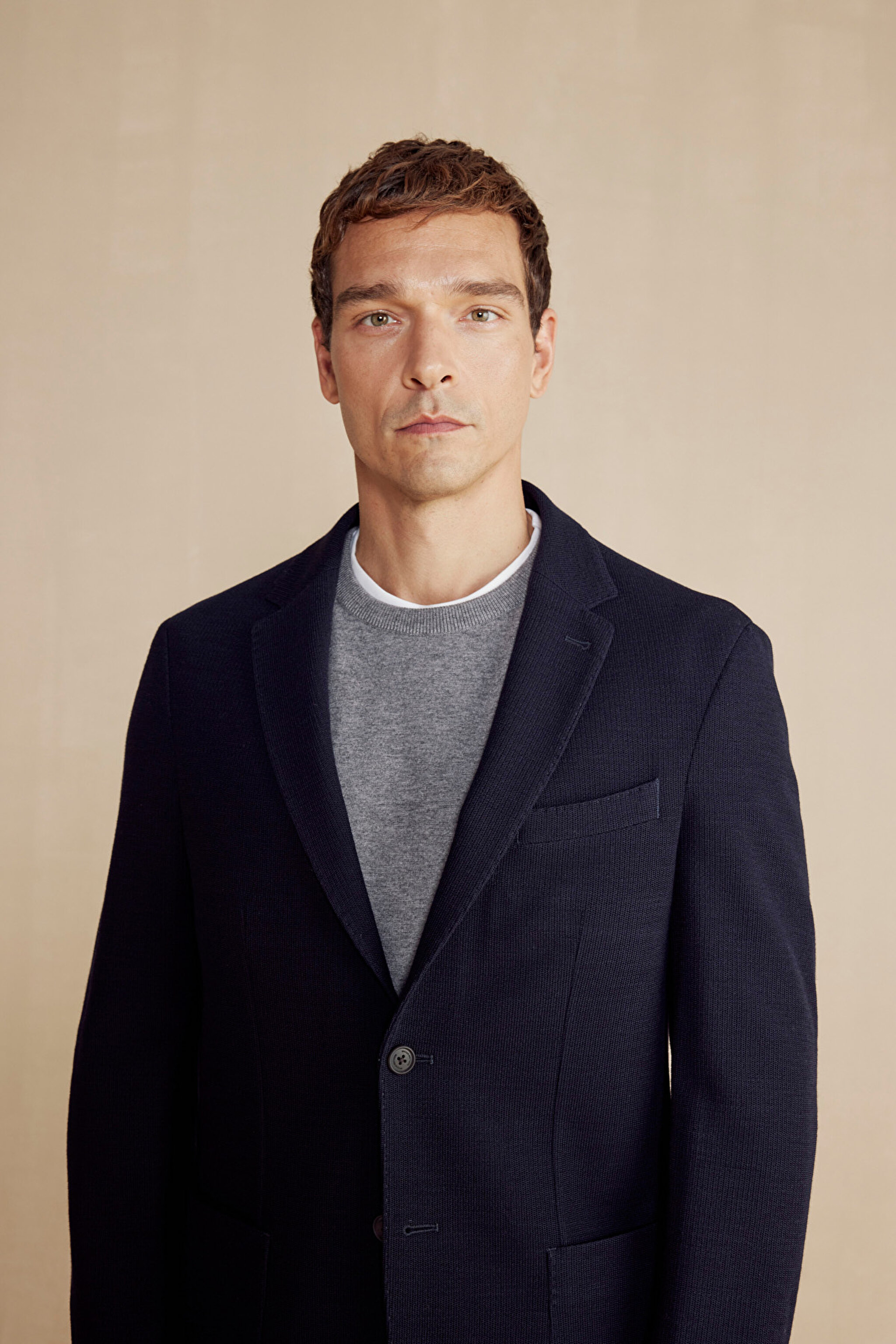 100% Yün Mono Yaka Torba Cep Slim Fit Örme Ceket - Lacivert (görsel 4)