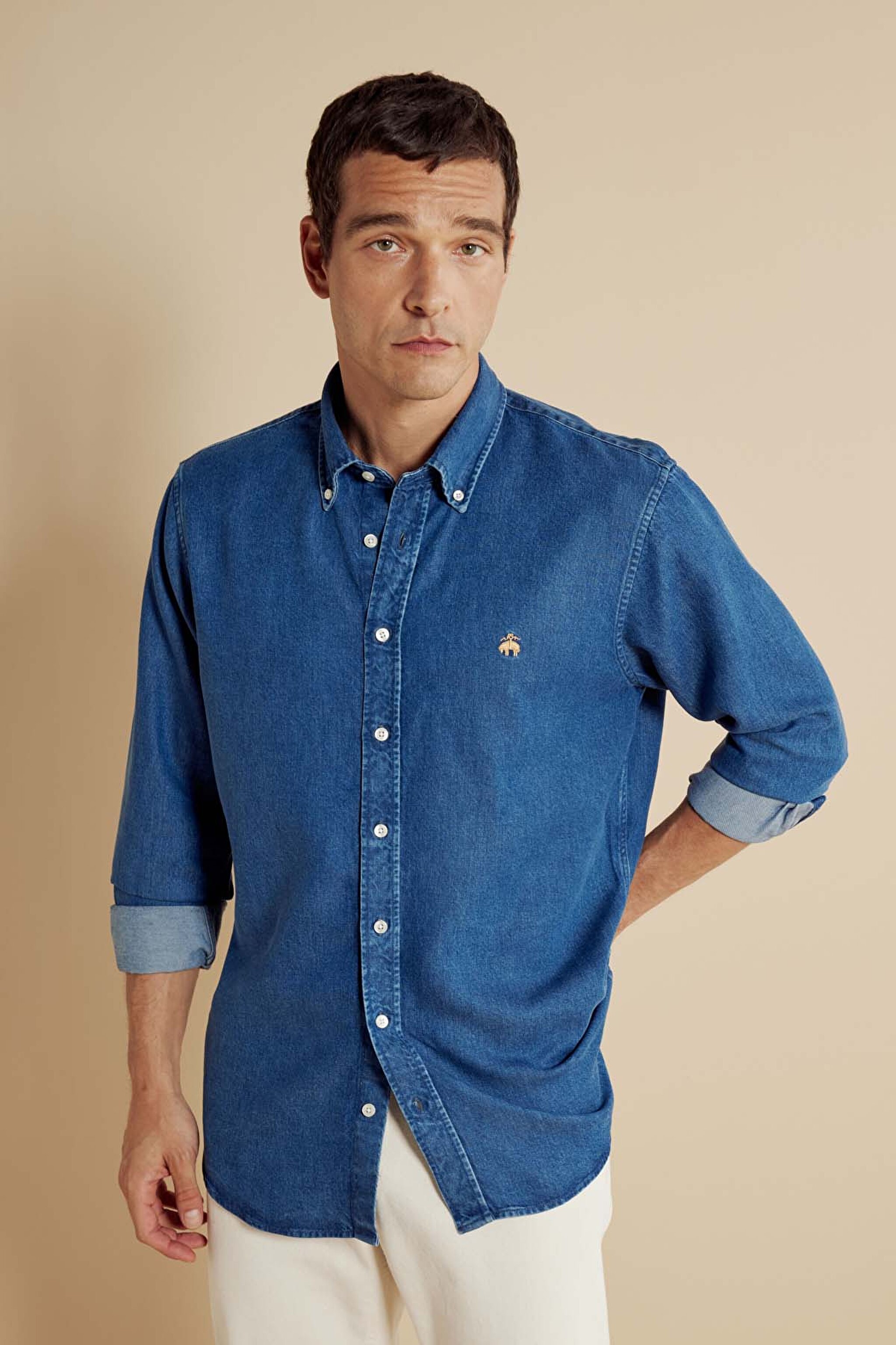   Düğmeli Yaka Regular Fit Denim Gömlek - Lacivert