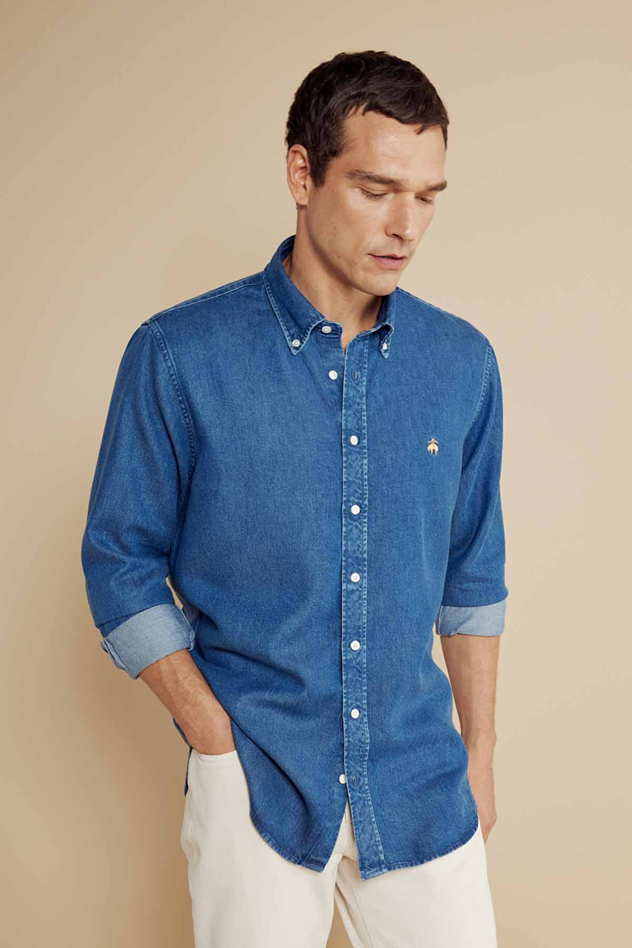   Düğmeli Yaka Regular Fit Denim Gömlek - Lacivert (görsel 3)