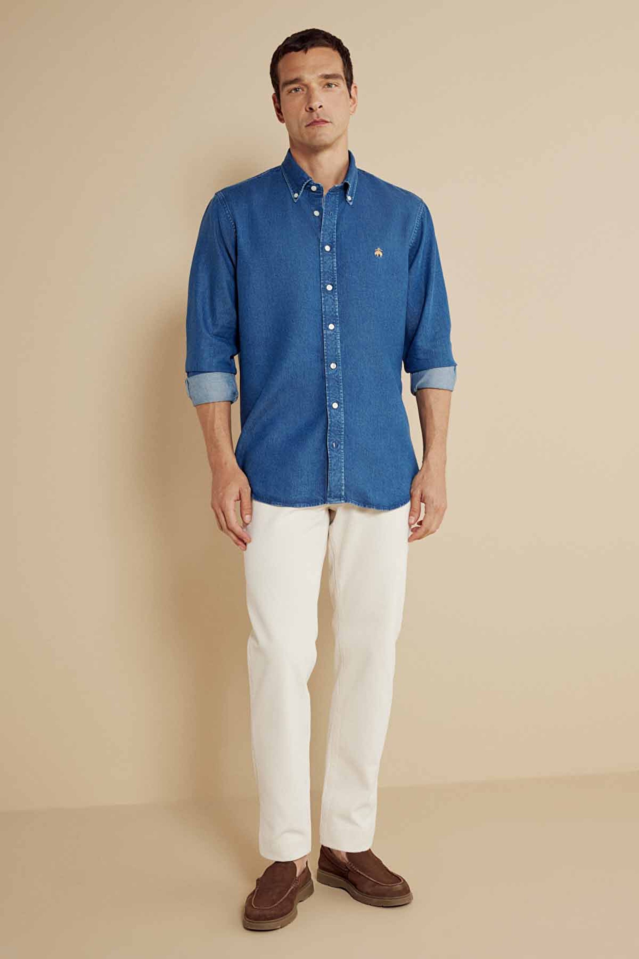   Düğmeli Yaka Regular Fit Denim Gömlek - Lacivert (görsel 4)