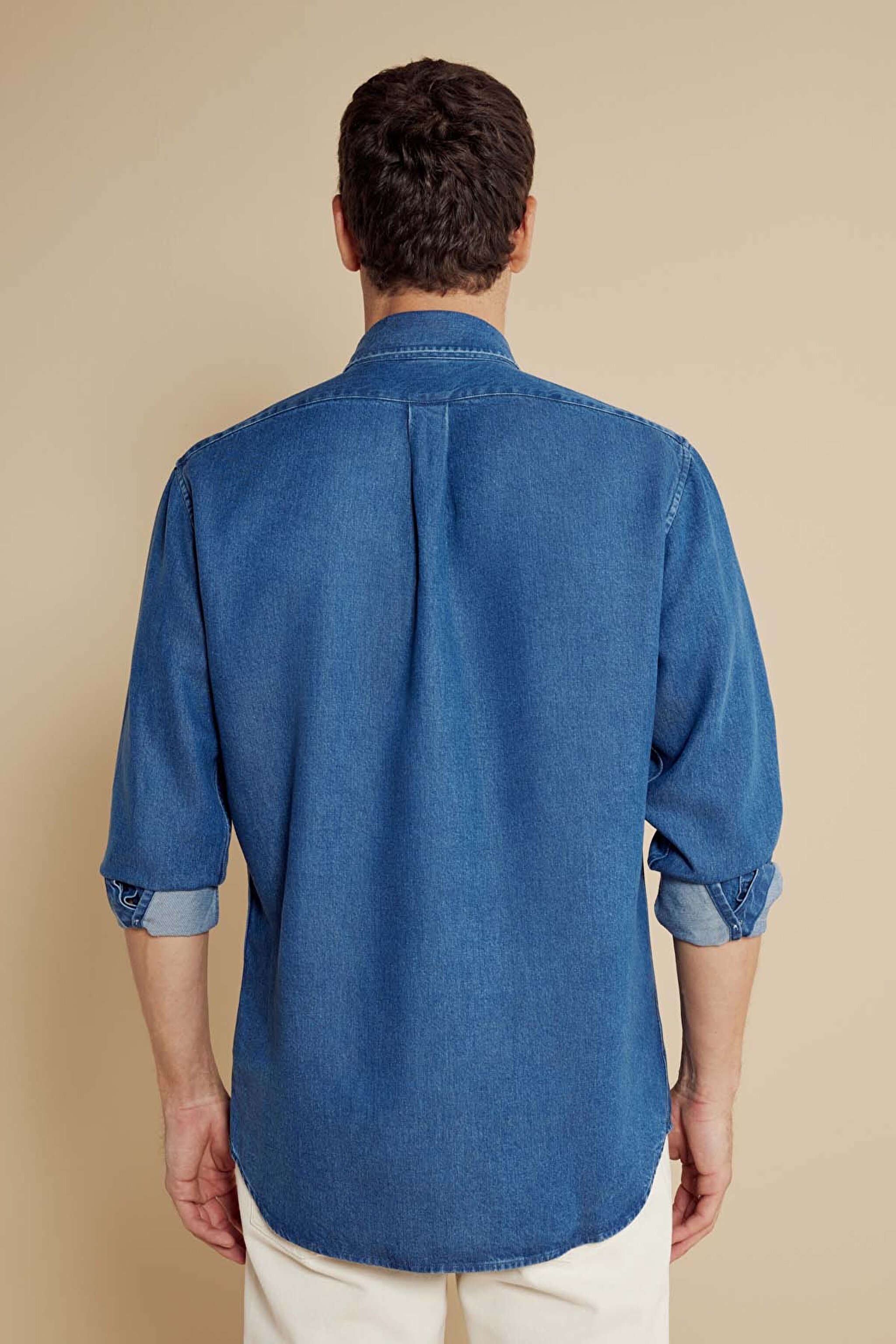   Düğmeli Yaka Regular Fit Denim Gömlek - Lacivert (görsel 6)