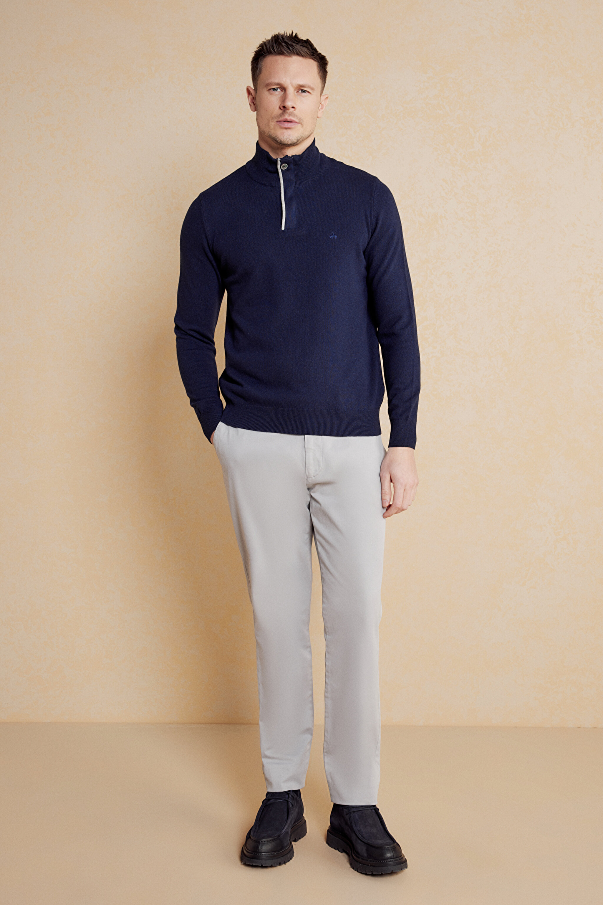 Flannel Detaylı Bato Yaka Kaşmir Karışımlı Kazak - Lacivert (görsel 3)